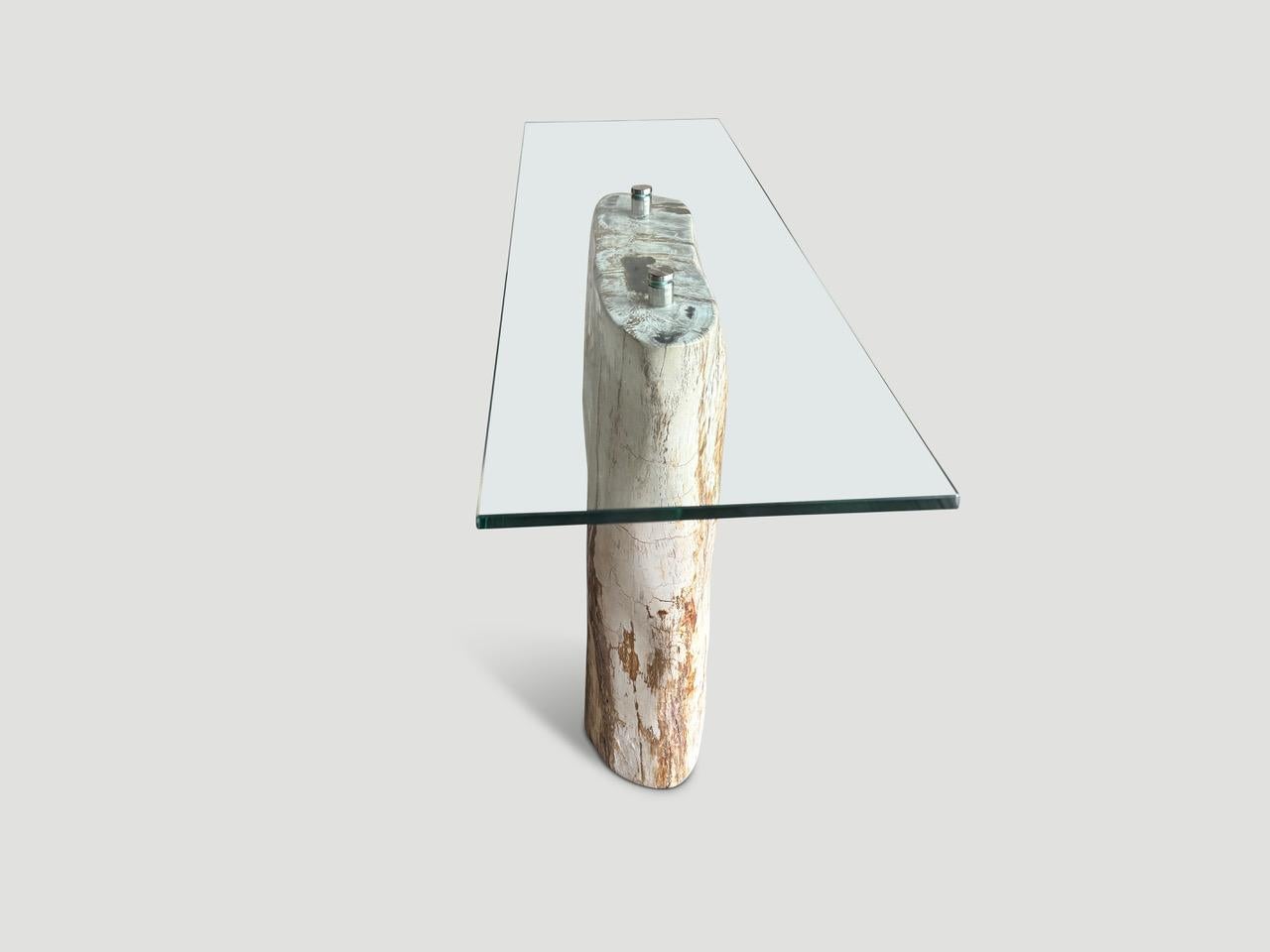 Andrianna Shamaris Petrified Wood Base and Glass Top Console Table In Excellent Condition For Sale In New York, NY