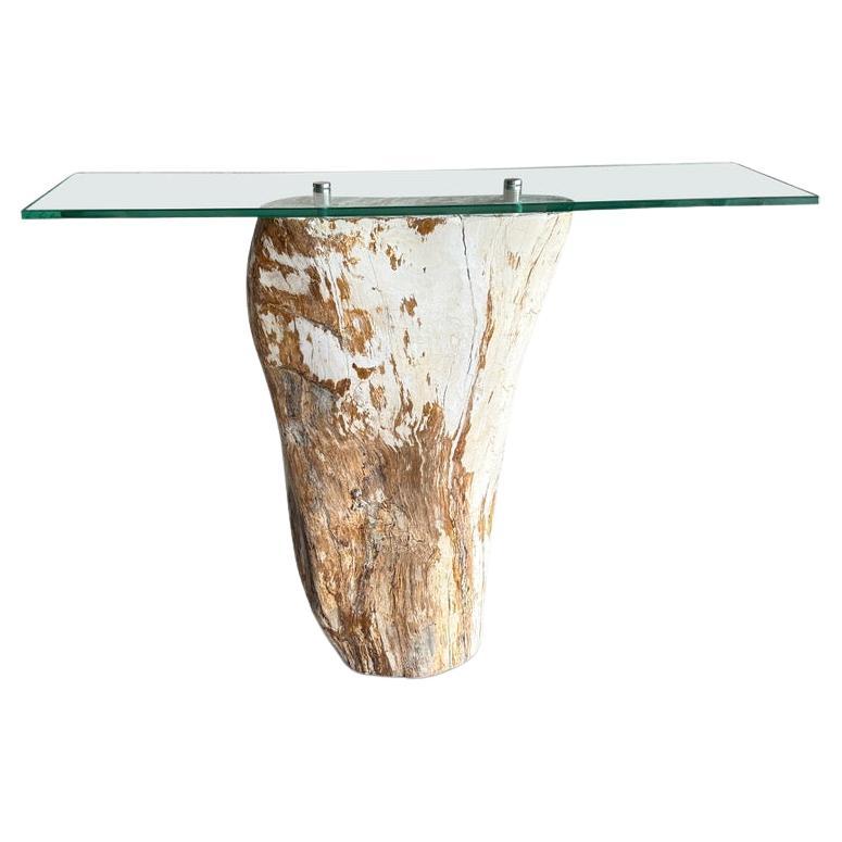 Andrianna Shamaris Petrified Wood Base and Glass Top Console Table For Sale