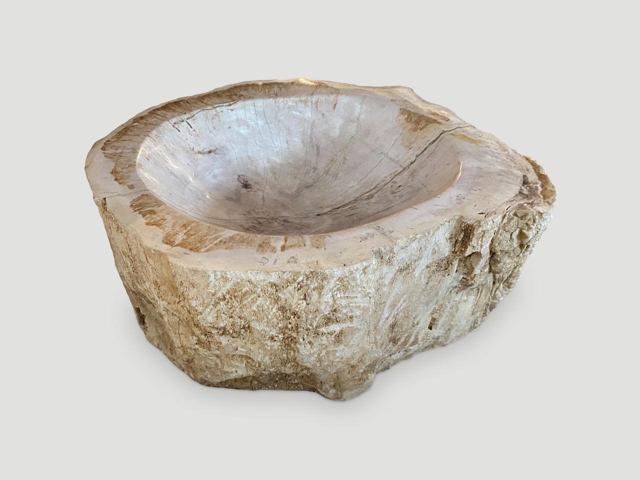 Beautiful petrified wood bowl. We have polished the inside and left the outer layer raw in contrast.

As with a diamond, we polish the highest quality fossilized petrified wood, using our latest ground breaking technology, to reveal its natural