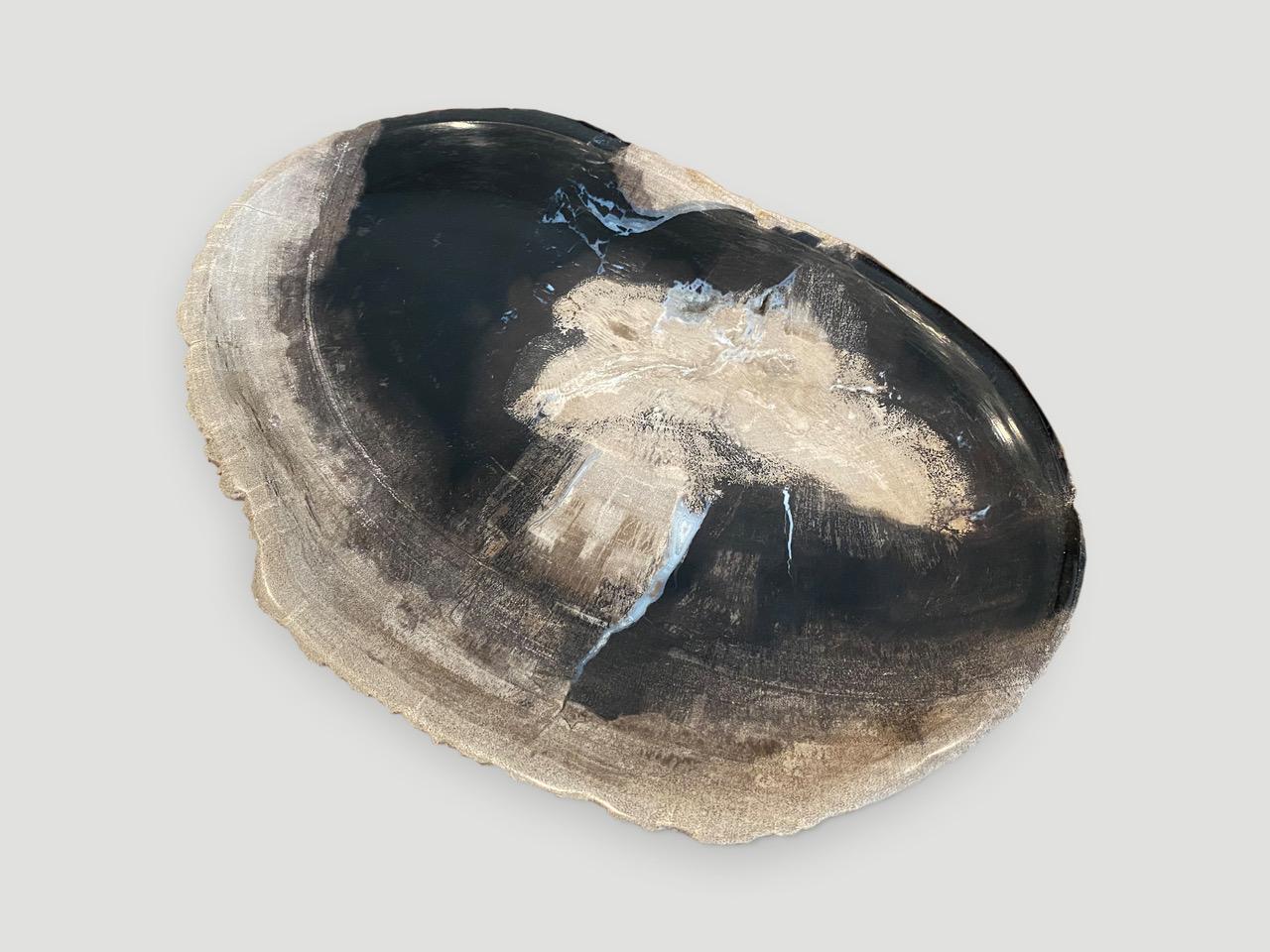Beautiful high quality petrified wood dish with a live edge. Great as a soap dish, or for holding jewelry, keys, etc etc

As with a diamond, we polish the highest quality fossilized petrified wood, using our latest ground breaking technology to