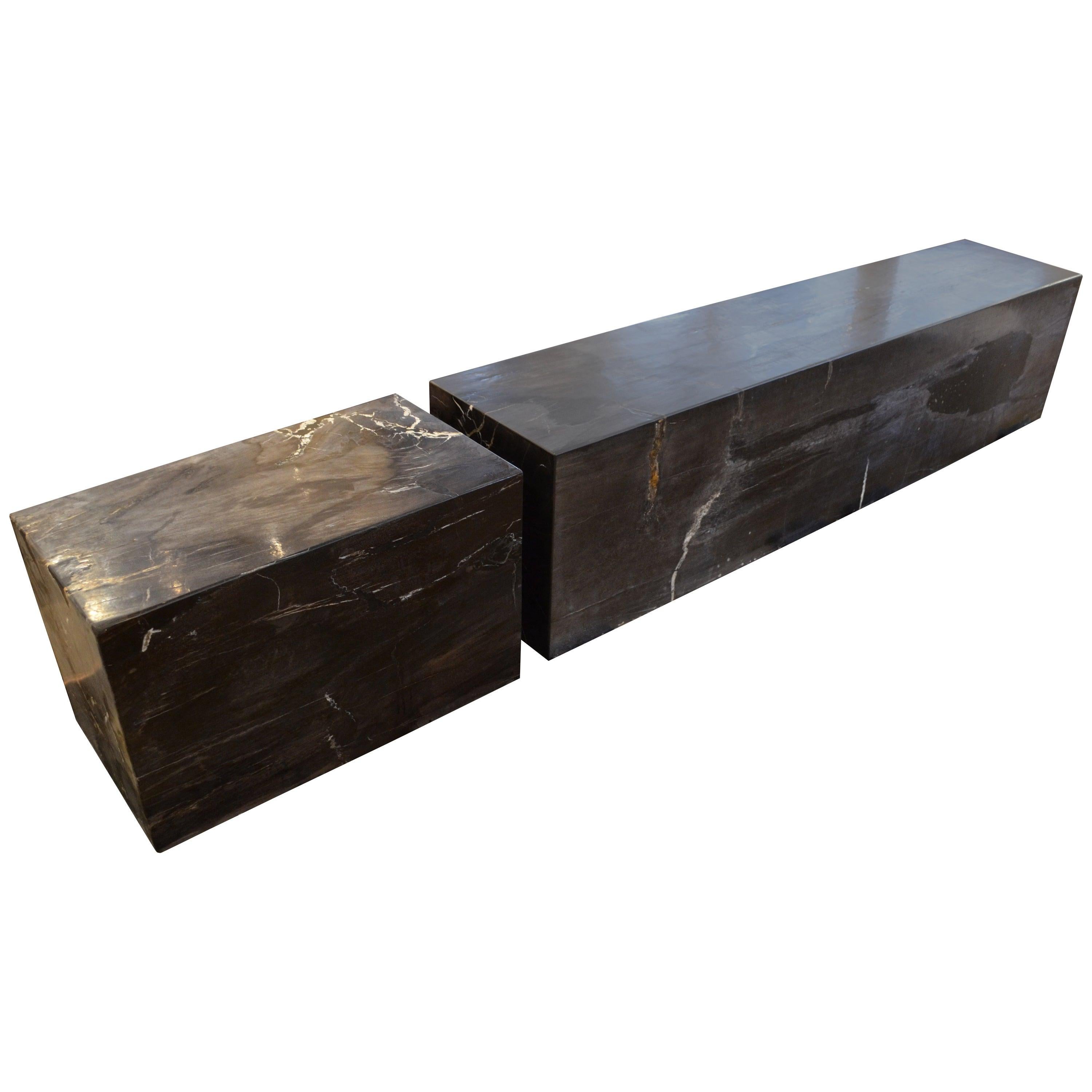 High quality petrified wood log bench. Stunning charcoal grey, black and white tones paired with the scale make this an impressive piece for any space. The price reflects both pieces. Please inquire if you would like to purchase one. Measures: 66 x
