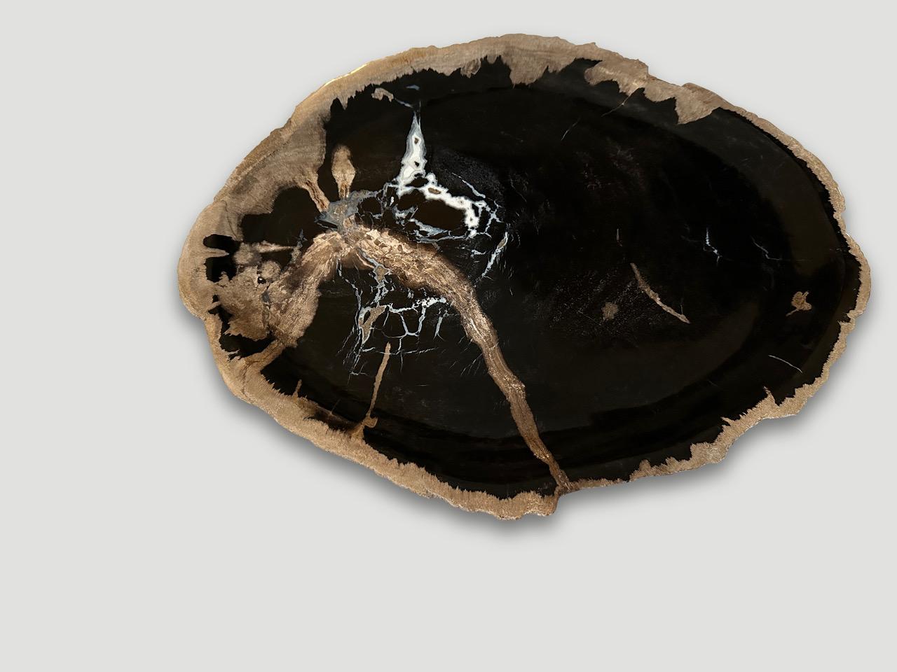 Beautiful contrasting tones and markings on this petrified wood shallow dish. Polished on both sides with a live edge and depth of one inch. Perfect as a place holder for jewelry, a large coaster or a cheese platter, to name a few options. We have a