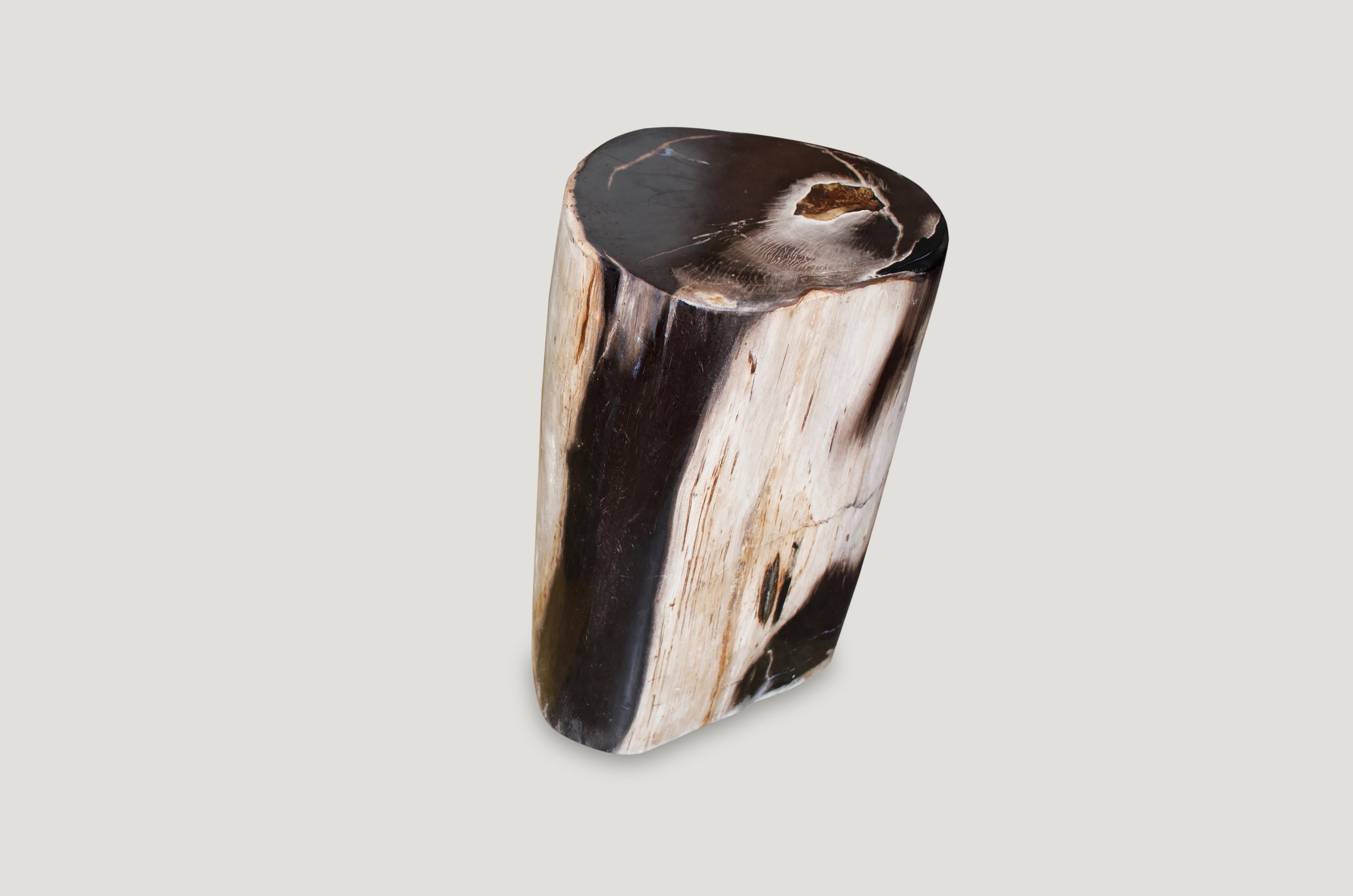 Beautiful high quality petrified wood side table with contrasting tones. We added resin to the top which is multifaceted. Stunning.

We source the highest quality petrified wood available. Over 40 million years old. Each piece is hand selected and