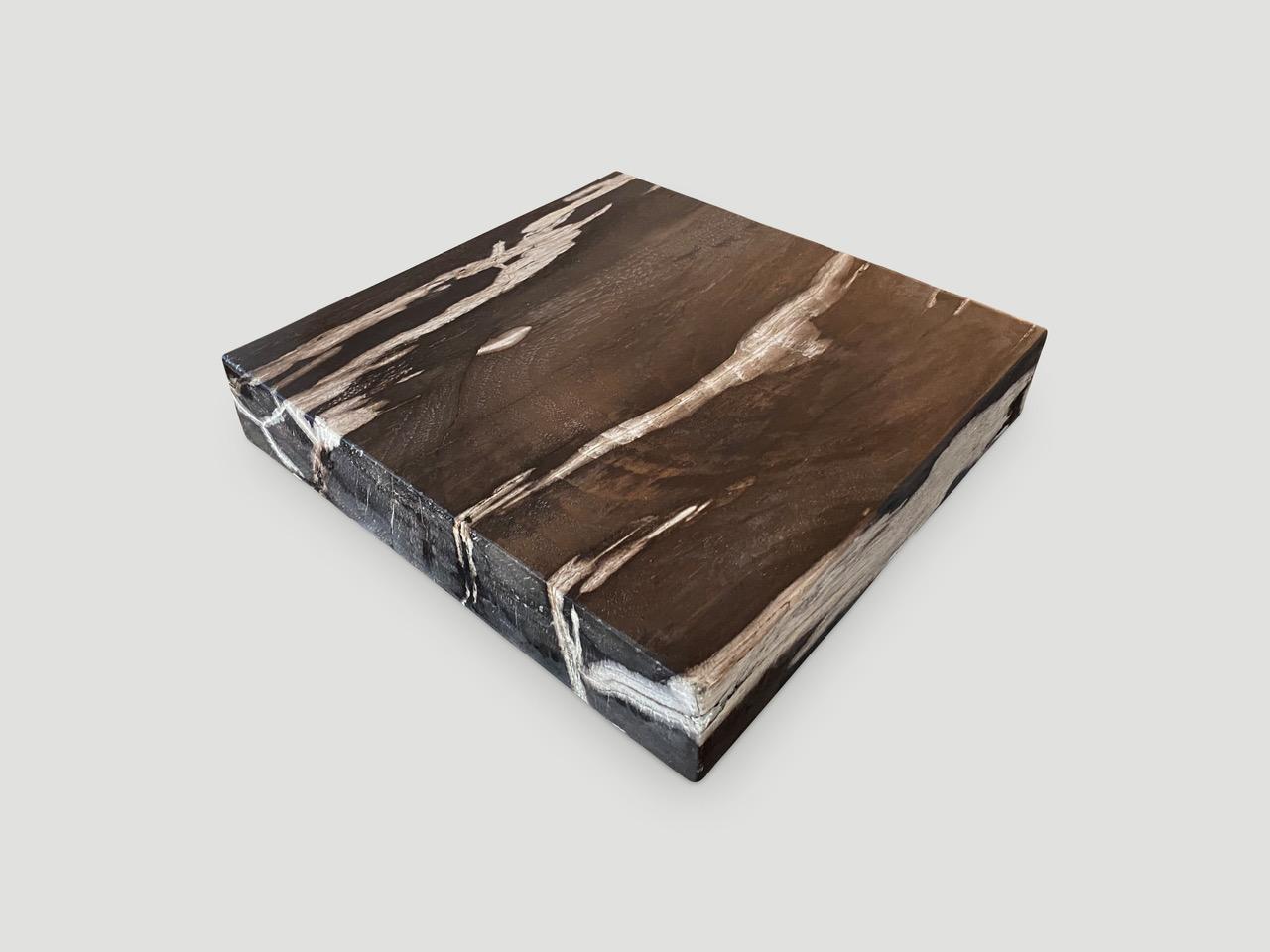 Beautiful petrified wood black and white toned slab. This can also be used to elevate a wooden side table by placing it on top.

As with a diamond, we polish the highest quality fossilized petrified wood, using our latest ground breaking