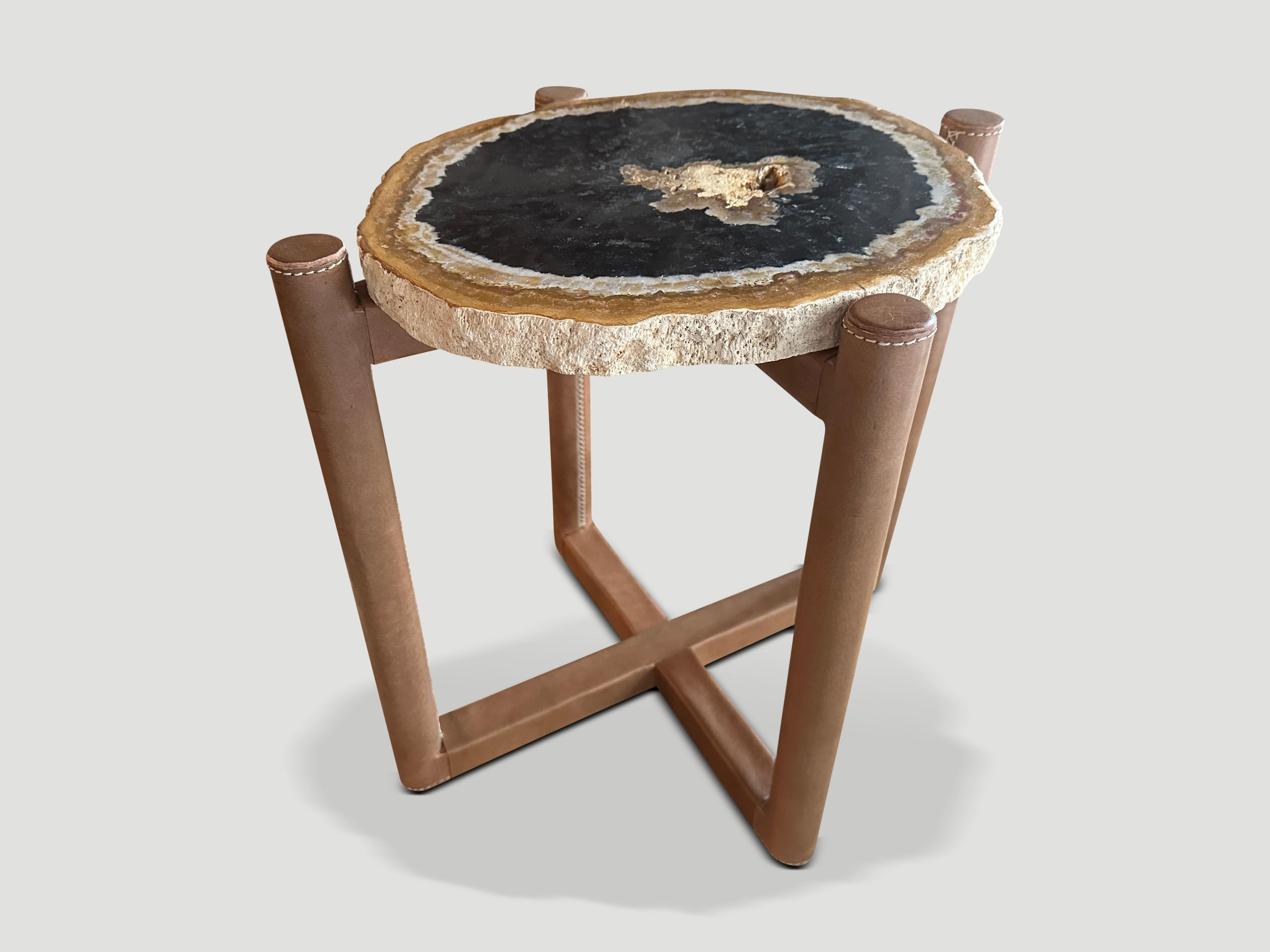 Organic Modern Andrianna Shamaris Petrified Wood Slab with Leather Base  For Sale