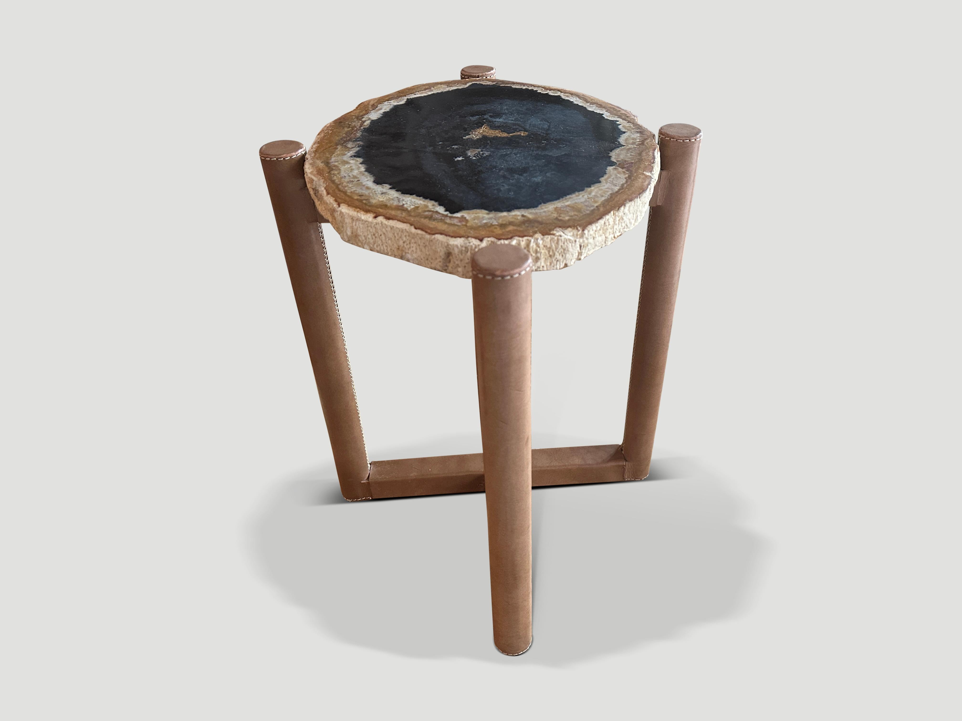 Organic Modern Andrianna Shamaris Petrified Wood Slab with Leather Base For Sale