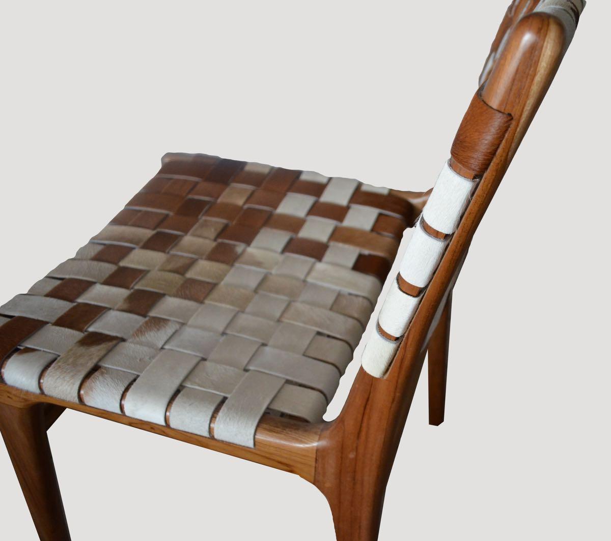 Mid-Century Modern Andrianna Shamaris Premium Double-Backed Teak Wood Cowhide Chair For Sale