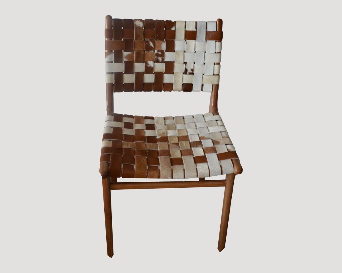 Andrianna Shamaris Premium Double-Backed Teak Wood Cowhide Chair For Sale