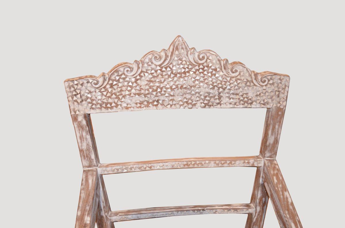 Raffles influence chair with shell inlay on the front and the back. Newly made from aged teak. Available as shown for ship quick.

Andrianna Shamaris. The Leader In Modern Organic Design.