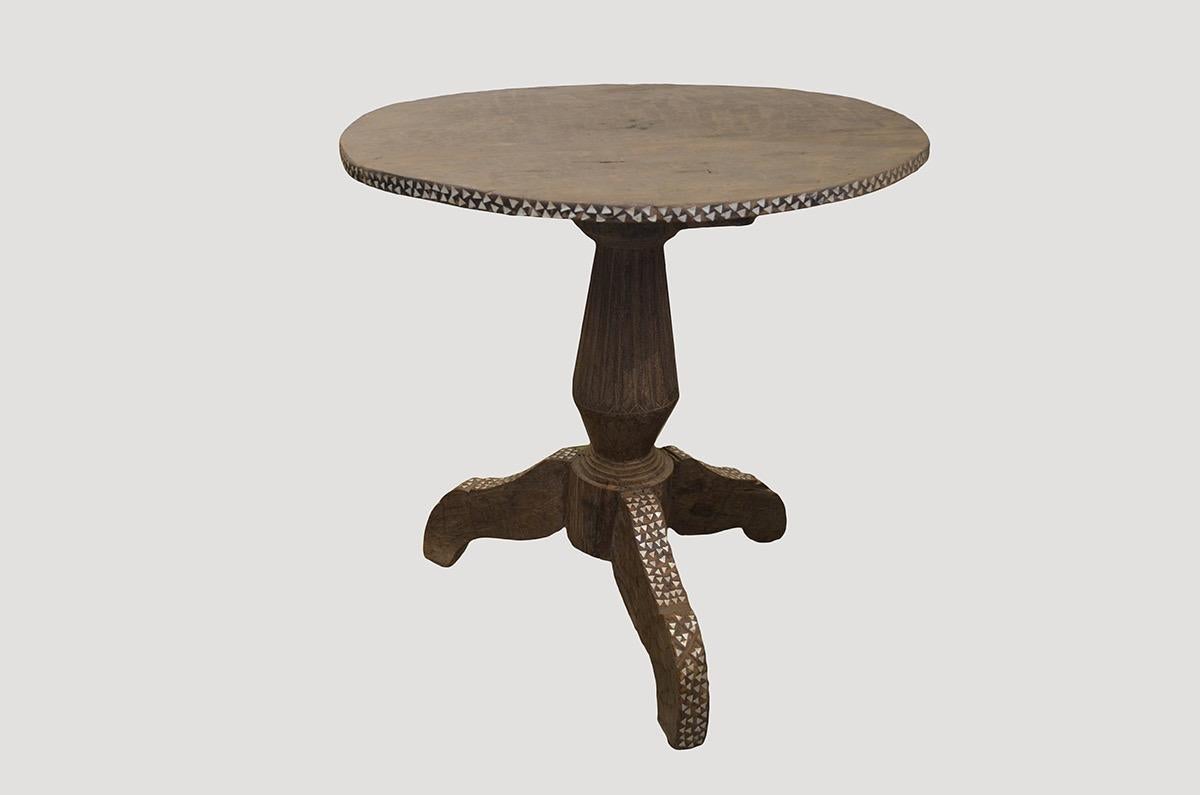 Andrianna Shamaris Raffles Shell Inlay Teak Wood Side Table In Excellent Condition In New York, NY