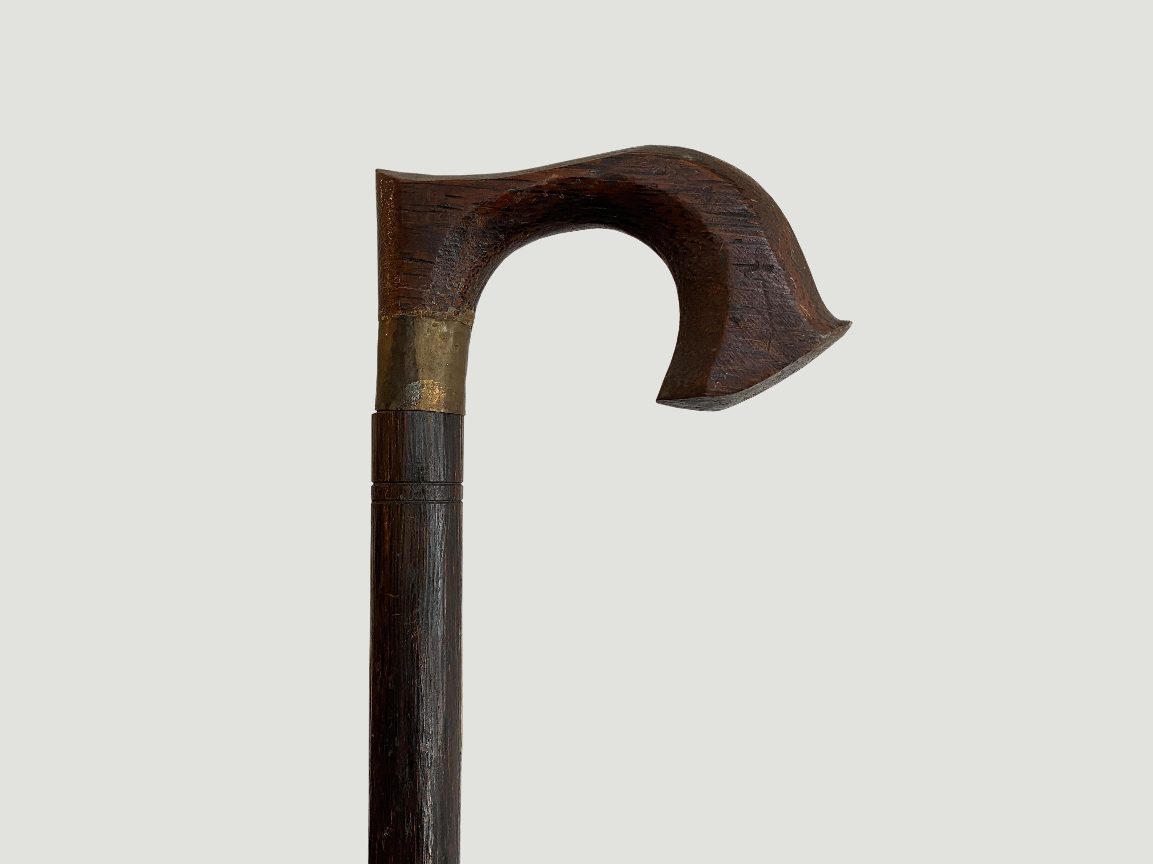 Beautiful hand carved walking cane made from coconut wood and brass. The handle pulls out and has a concealed dagger. Rare, from Sumatra. Set on a black steel 4