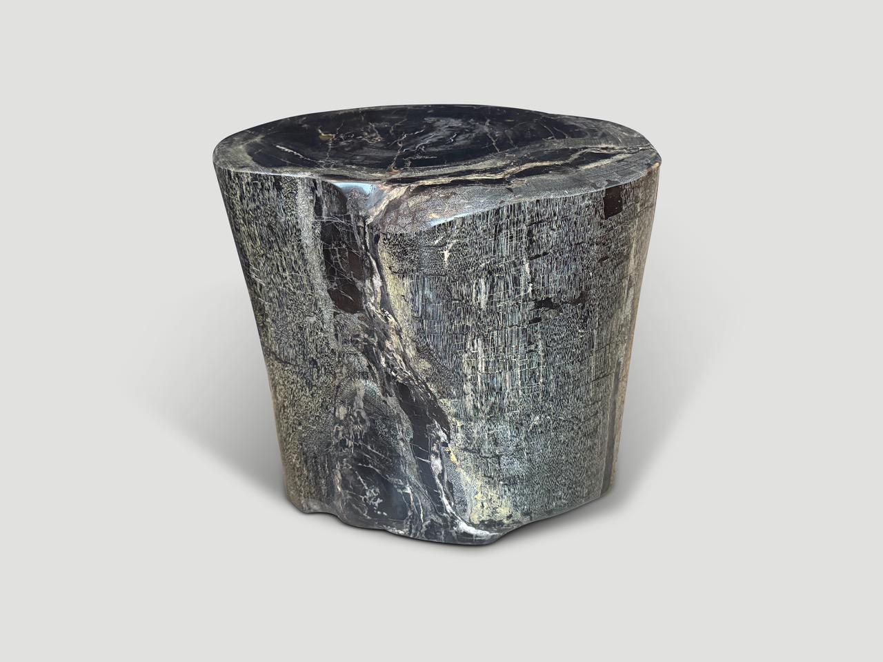 Cette table d'appoint en bois pétrifié de haute qualité présente d'impressionnants tons vert foncé. Il est fascinant de voir comment Mère Nature produit ces stupéfiants troncs de teck pétrifiés vieux de 40 millions d'années, aux couleurs si