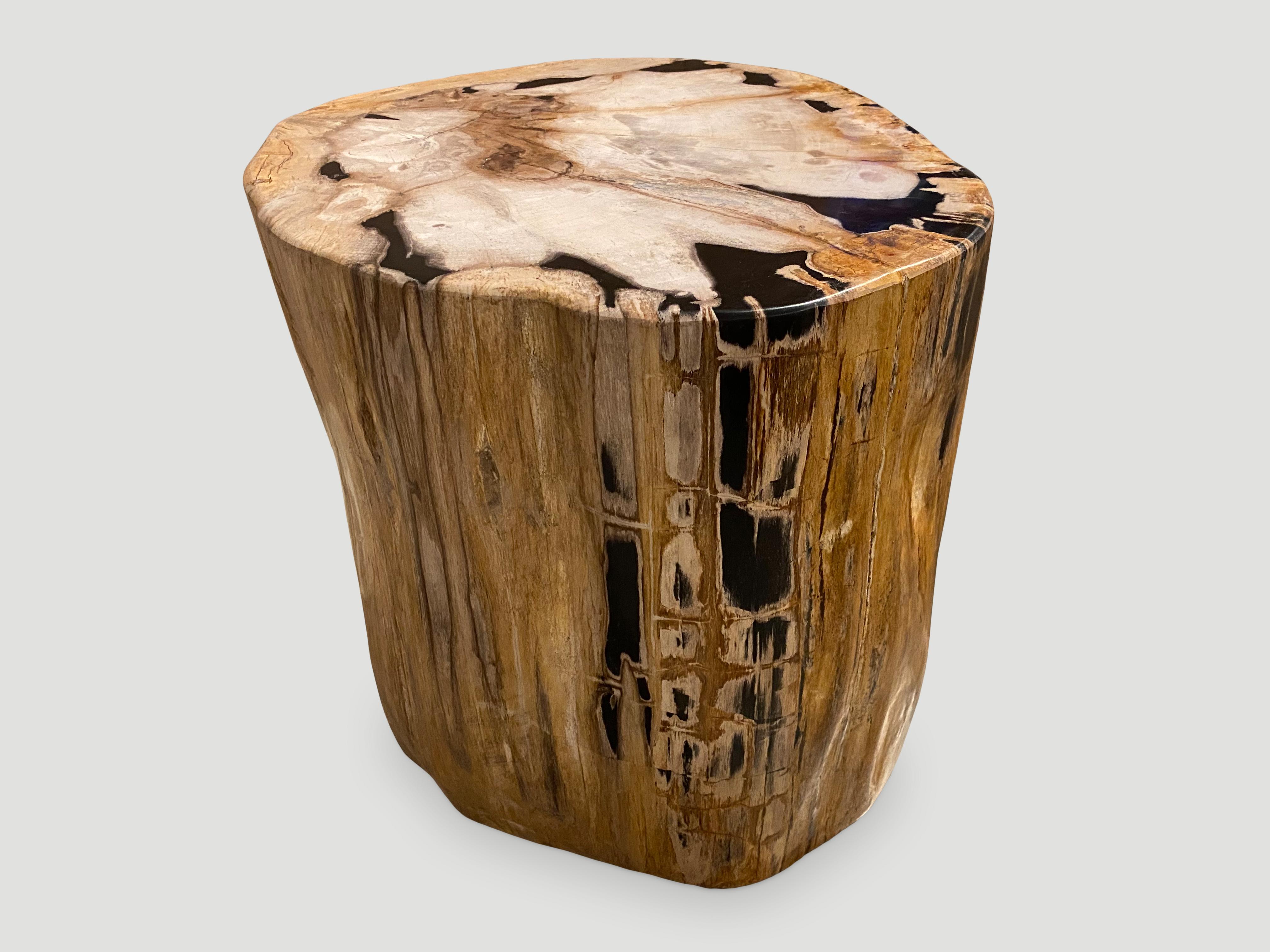 Beautiful natural markings on this impressive “tiger print” high quality petrified wood side table.

It’s fascinating how Mother Nature produces these exquisite 40 million year old petrified teak logs with such contrasting colors and natural