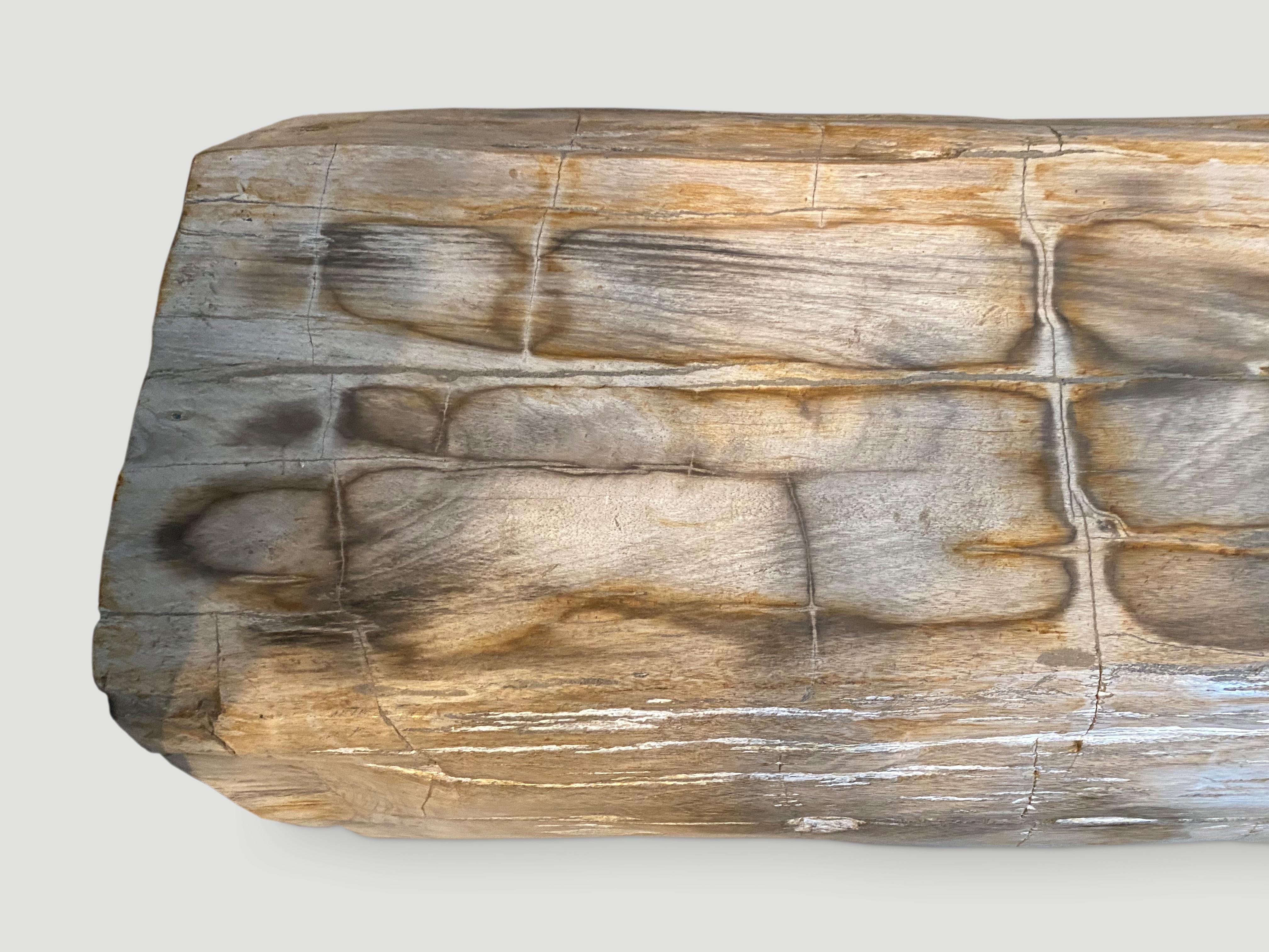 Impressive, high quality petrified wood log bench. It’s fascinating how Mother Nature produces these exquisite 40 million year old petrified teak logs with such beautiful colors and natural patterns throughout. Modern yet with so much history.