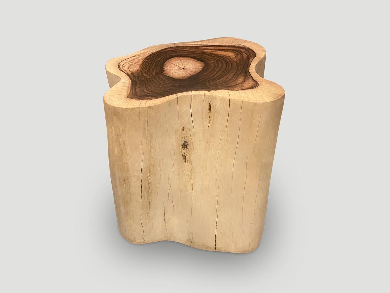 Skulpturaler Beistelltisch oder Sockel in Übergröße. Ein sehr seltenes Holz, das auch als Palisanderholz bekannt ist. Wir haben die Seiten gebleicht und die Innenseite in den schönen kontrastreichen Dunkelbrauntönen belassen. Wir haben ein Paar. Die