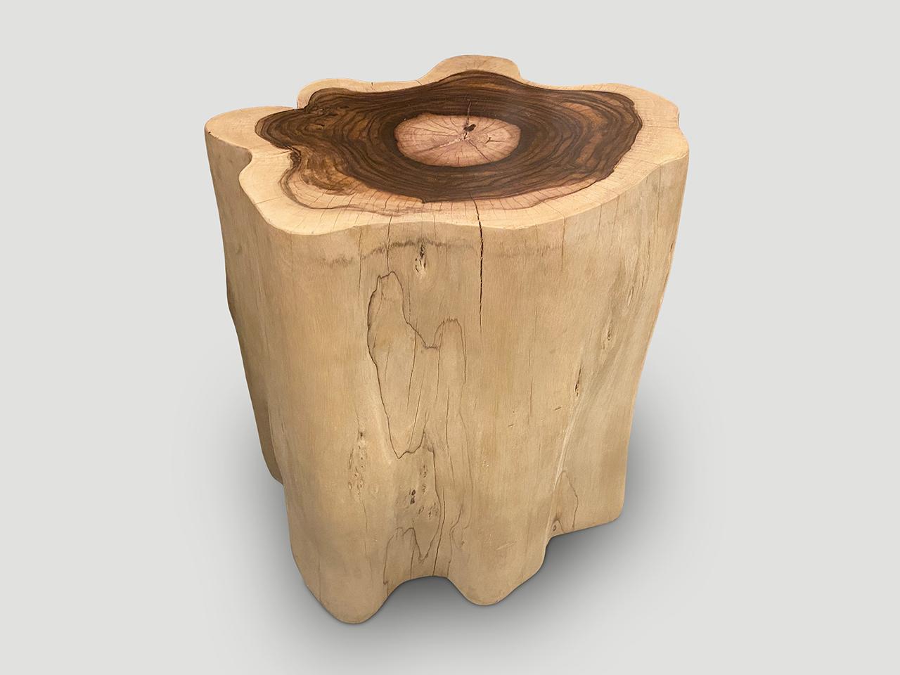 Table d'appoint ou piédestal sculptural surdimensionné. Bois très rare également connu sous le nom de bois de rose. Nous avons blanchi les côtés et laissé l'intérieur dans de magnifiques tons marron foncé contrastés. La base s'étend de deux à trois