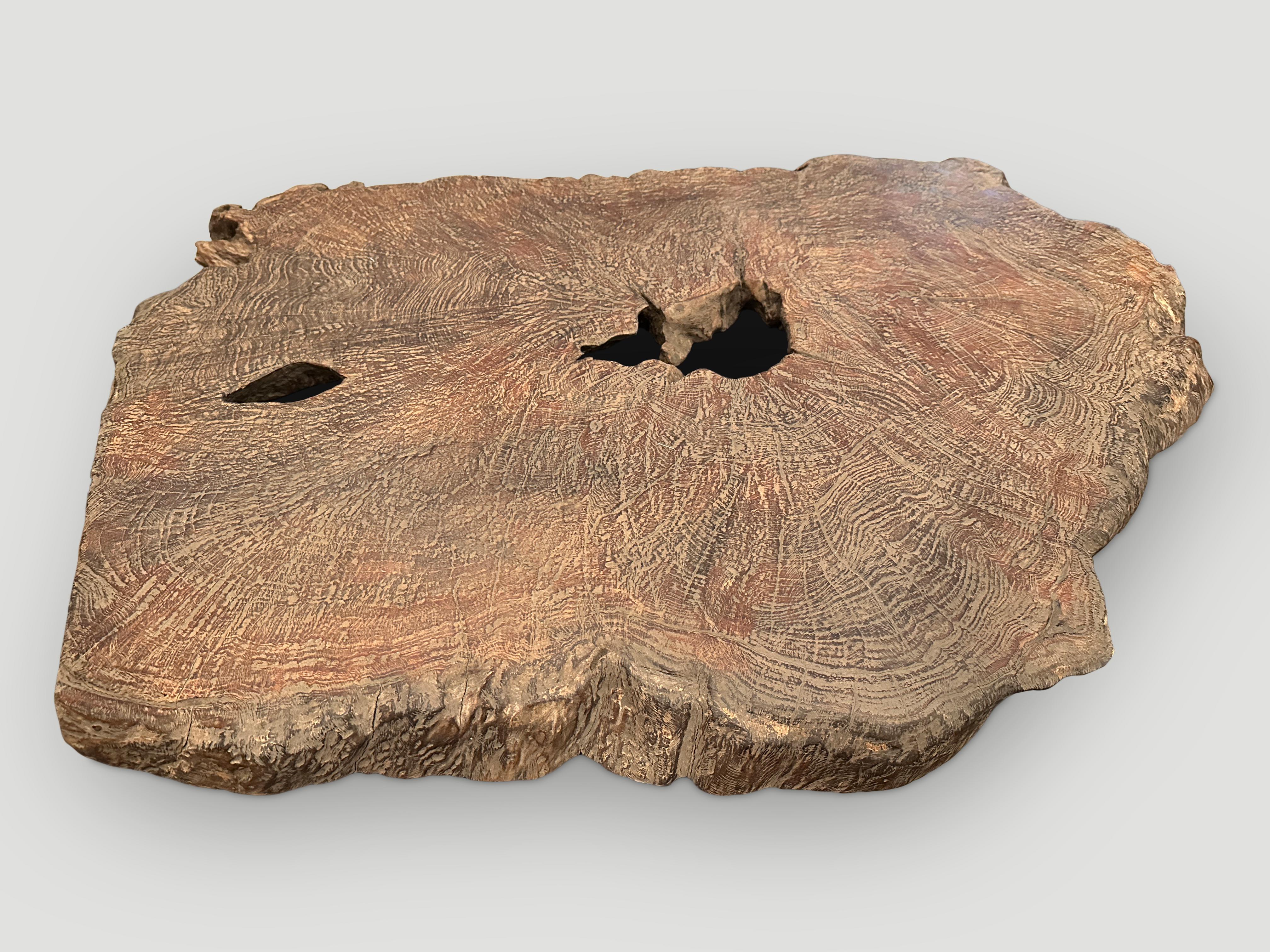 Impressive organic teak sculpture or table top with beautiful wood detail and patina. This rare large slab has beautiful natural erosion on the side and can either be installed on a wall or used as a table top. Both usable and sculptural.

This