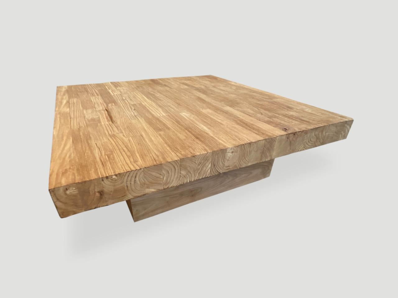 Reclaimed natural teak coffee table with a four inch thick top. Solid teak logs are joined together to produce this impressive coffee table which floats on a modern teak base. 

Own an Andrianna Shamaris original.

Andrianna Shamaris. The Leader In
