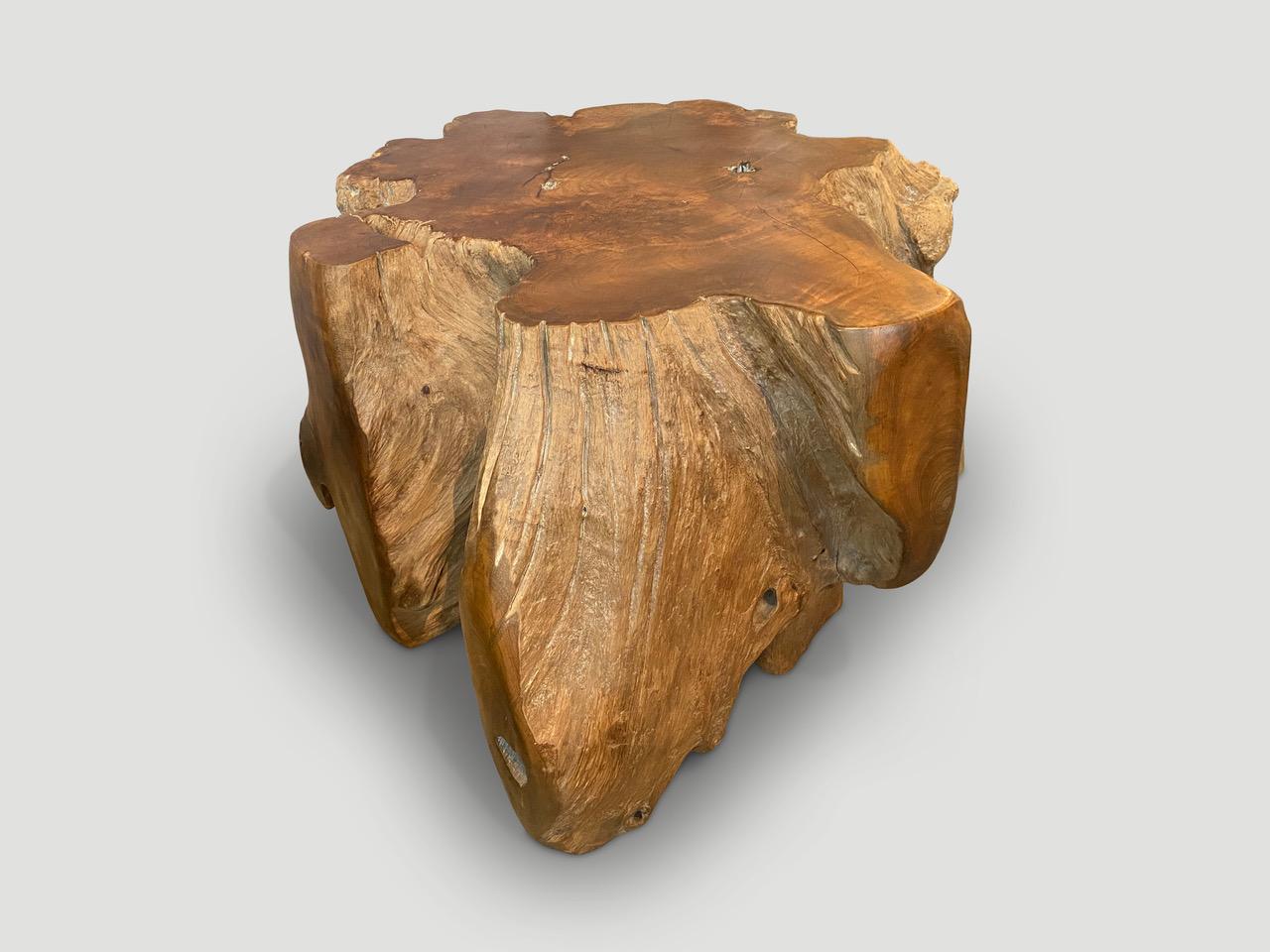 Impressive naturally formed teak pedestal, coffee table or large scale side table. This can also be used as a base for a dining table or entrance table. So many uses for this stunning art piece, both usable and sculptural. We added a natural oil