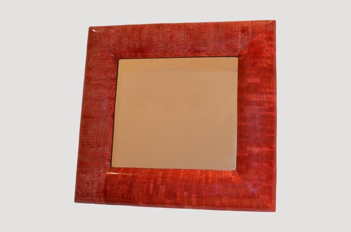 Indonesian Andrianna Shamaris Red Coral Mirror with Bevelled Frame