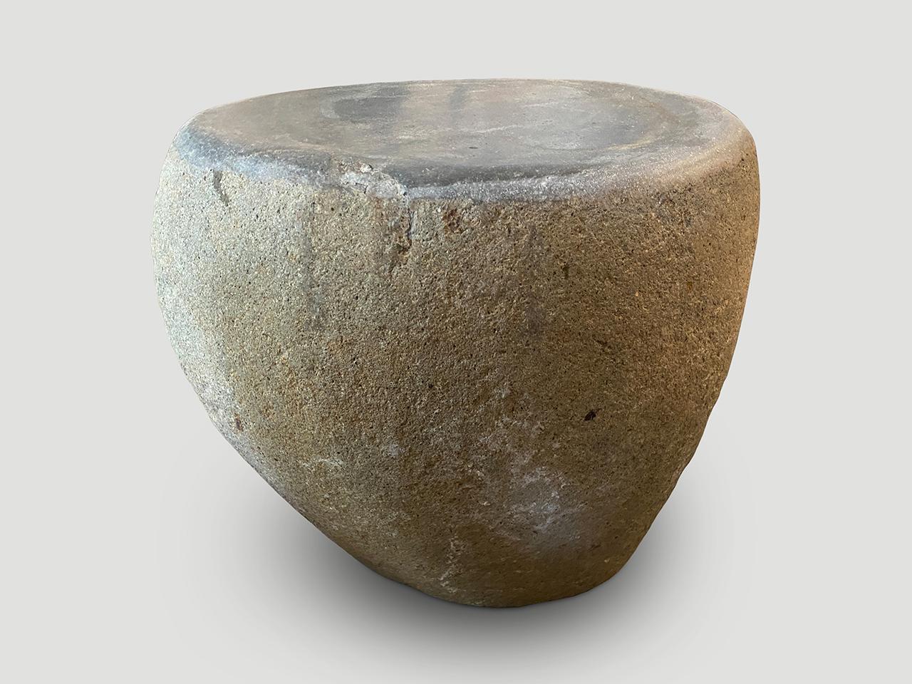 Wabi Sabi river stone side table with a graduation from the bottom to the top. We have polished the top revealing the natural grey tone.

This side table was sourced in the spirit of Wabi-Sabi, a Japanese philosophy that beauty can be found in