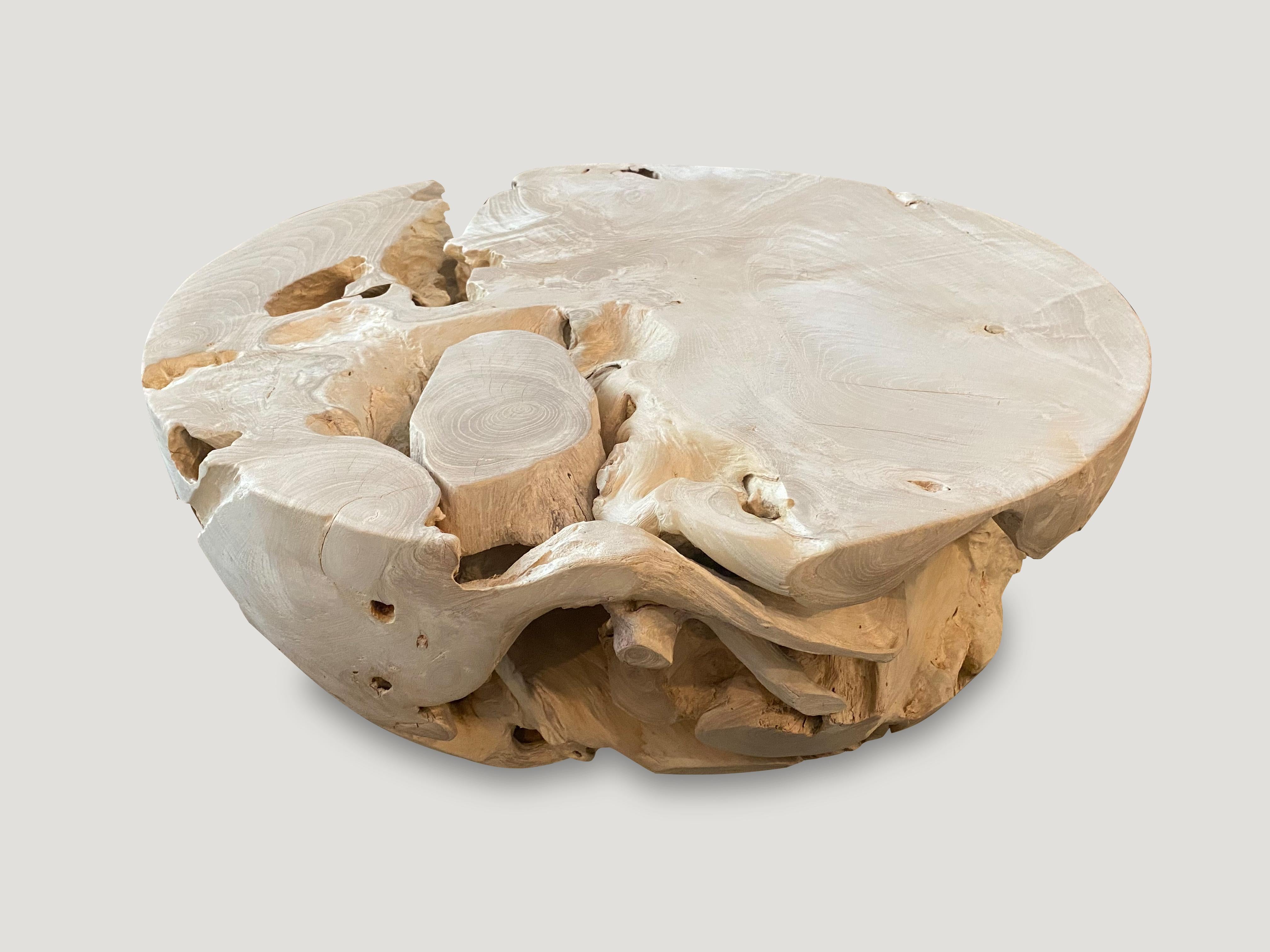Andrianna Shamaris Round Bleached Teak Wood Coffee Table In Excellent Condition In New York, NY