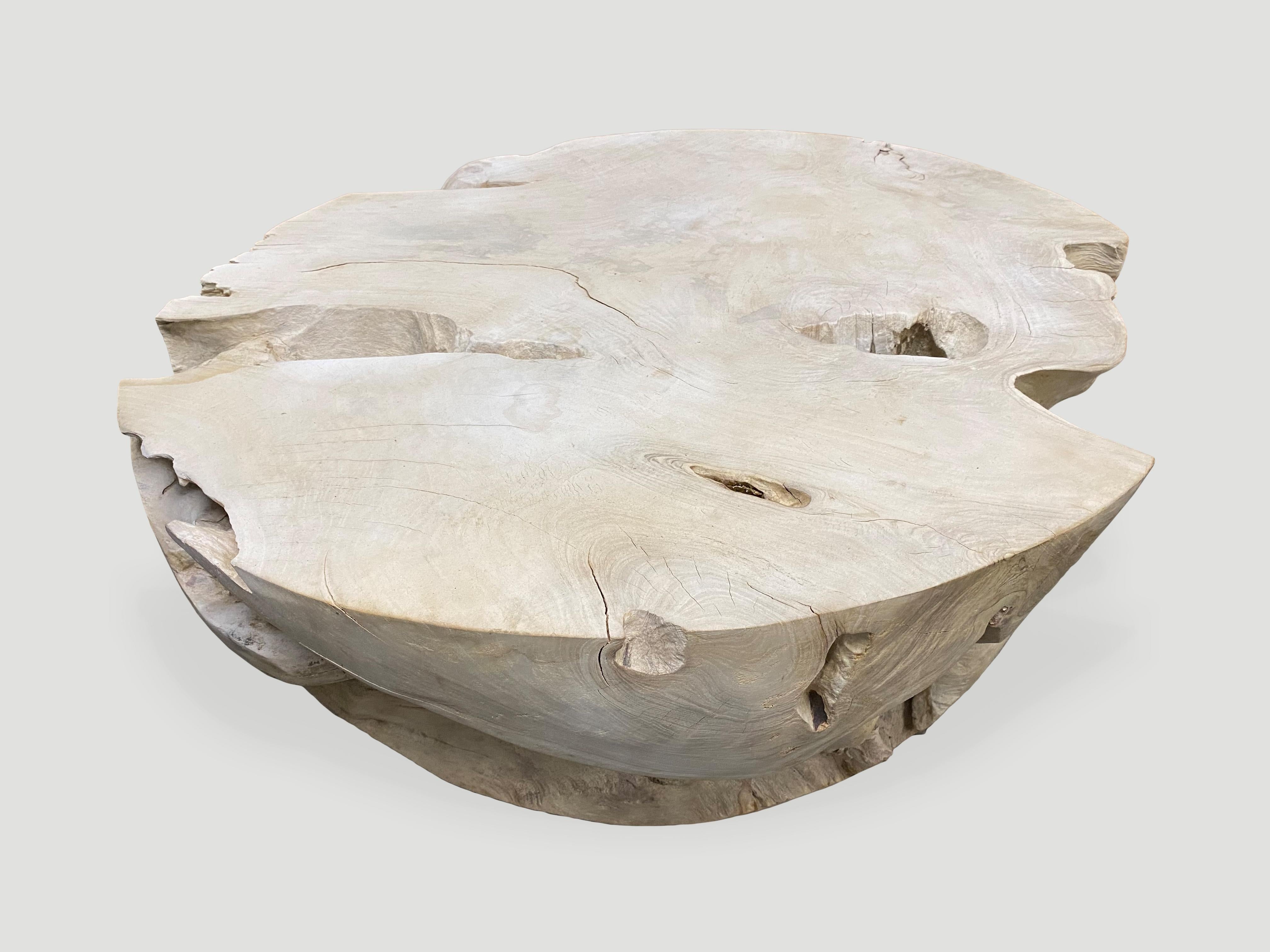 Organic Modern Andrianna Shamaris Round Bleached Teak Wood Coffee Table For Sale