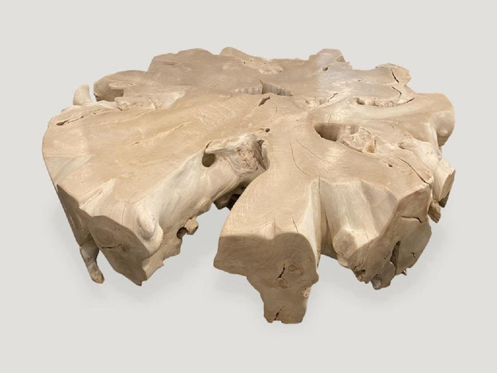 Contemporary Andrianna Shamaris Round Bleached Teak Wood Organic Coffee Table For Sale