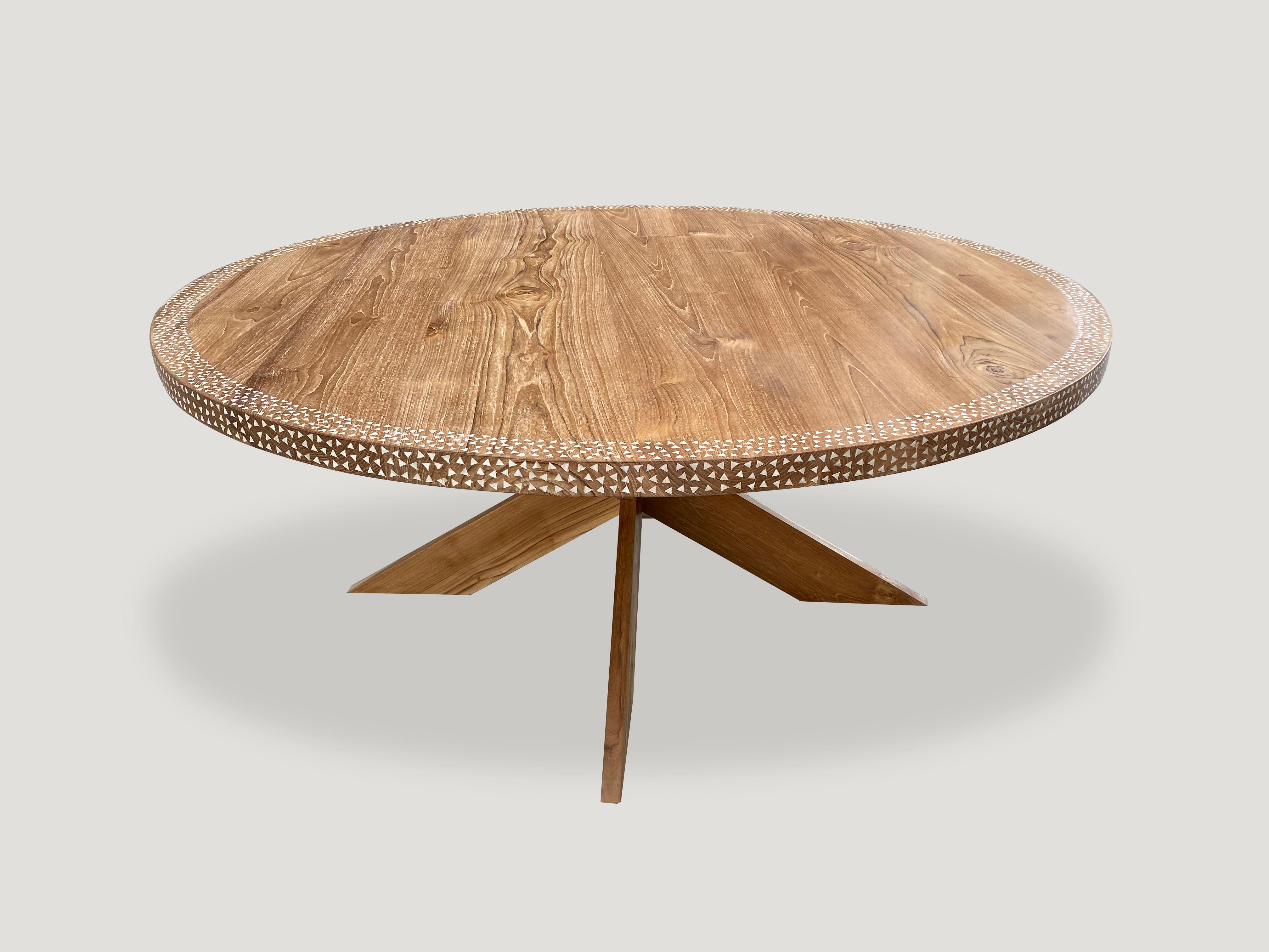 Organic Modern Andrianna Shamaris Round Shell Inlaid Teak Wood Dining Table For Sale