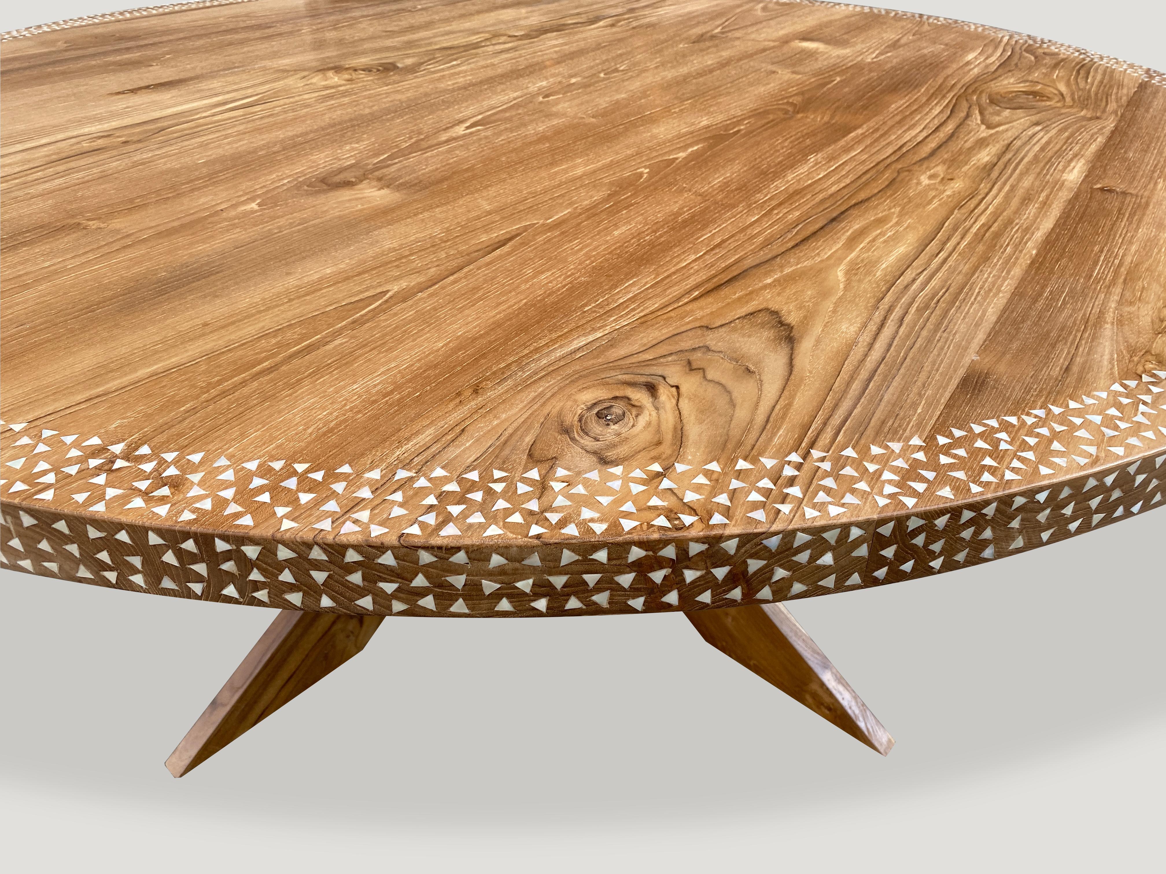 Andrianna Shamaris Round Shell Inlaid Teak Wood Dining Table In Excellent Condition For Sale In New York, NY