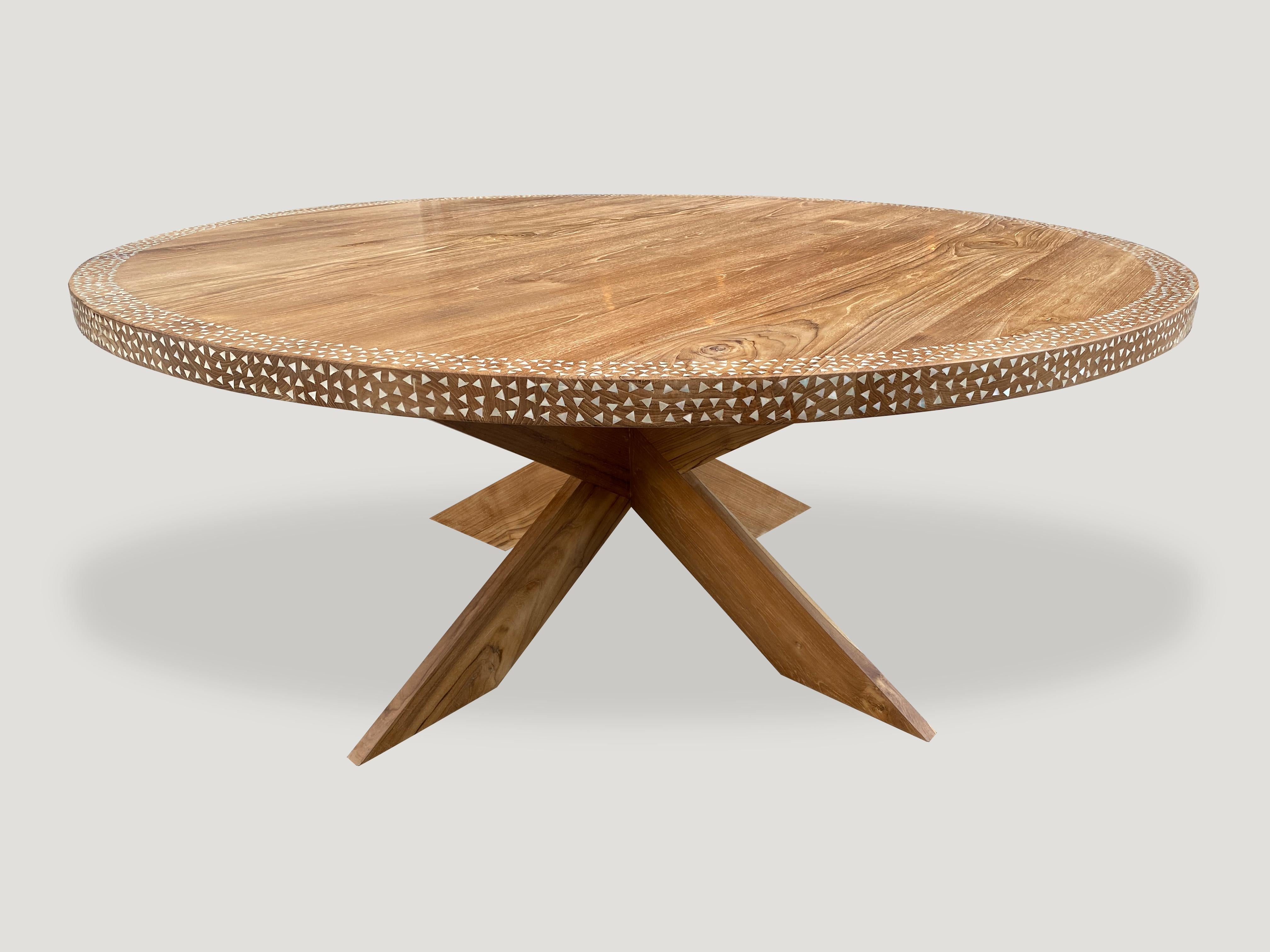 Andrianna Shamaris Round Shell Inlaid Teak Wood Dining Table For Sale 1