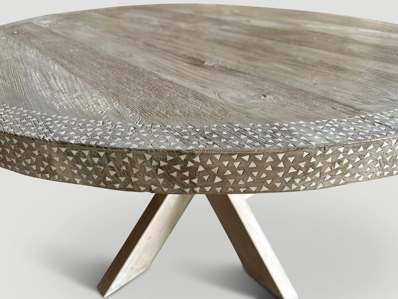 Organic Modern Andrianna Shamaris Round Shell Inlaid Teak Wood Table For Sale