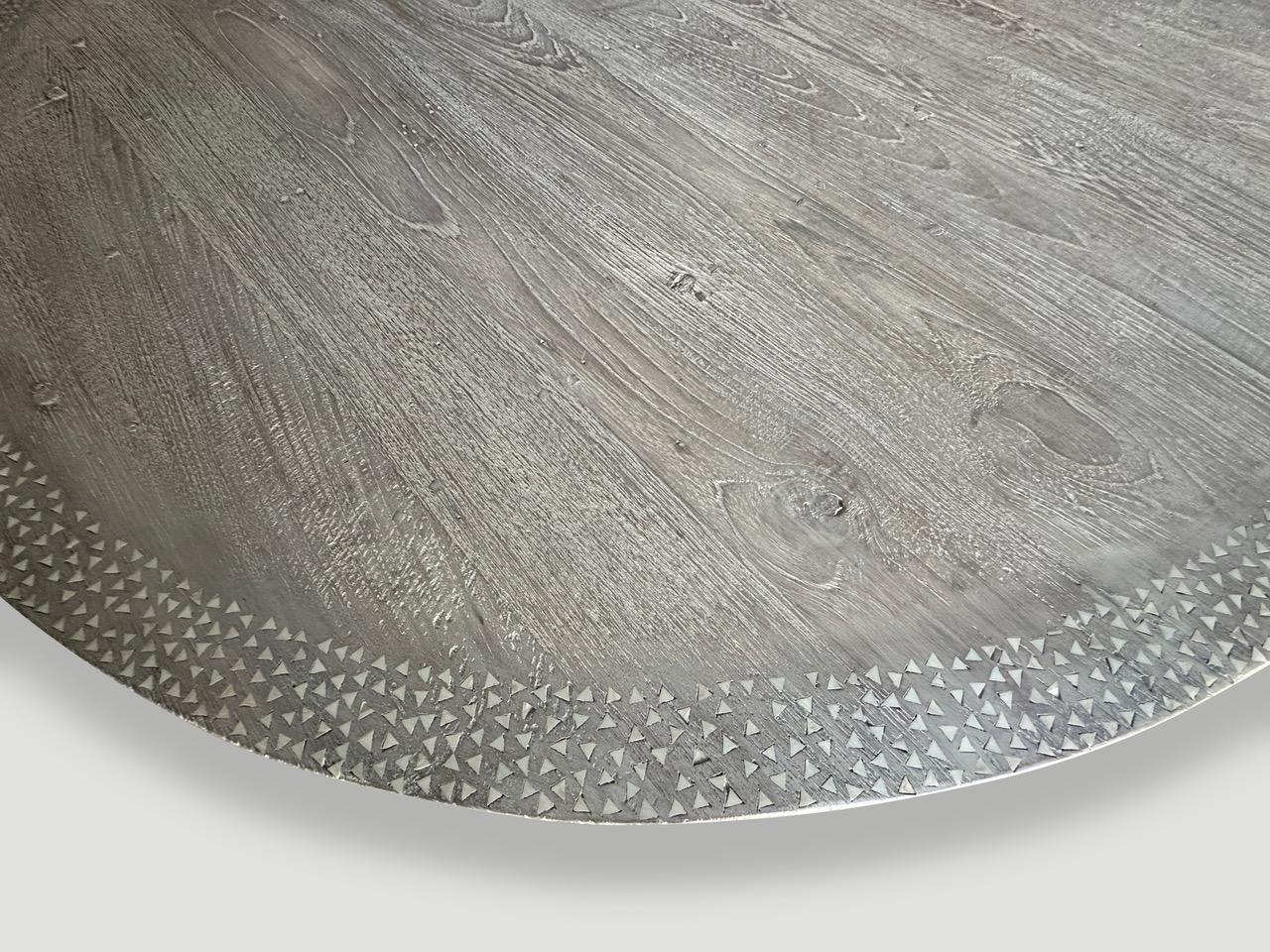 Andrianna Shamaris Round Shell Inlaid Teak Wood Table In Excellent Condition For Sale In New York, NY