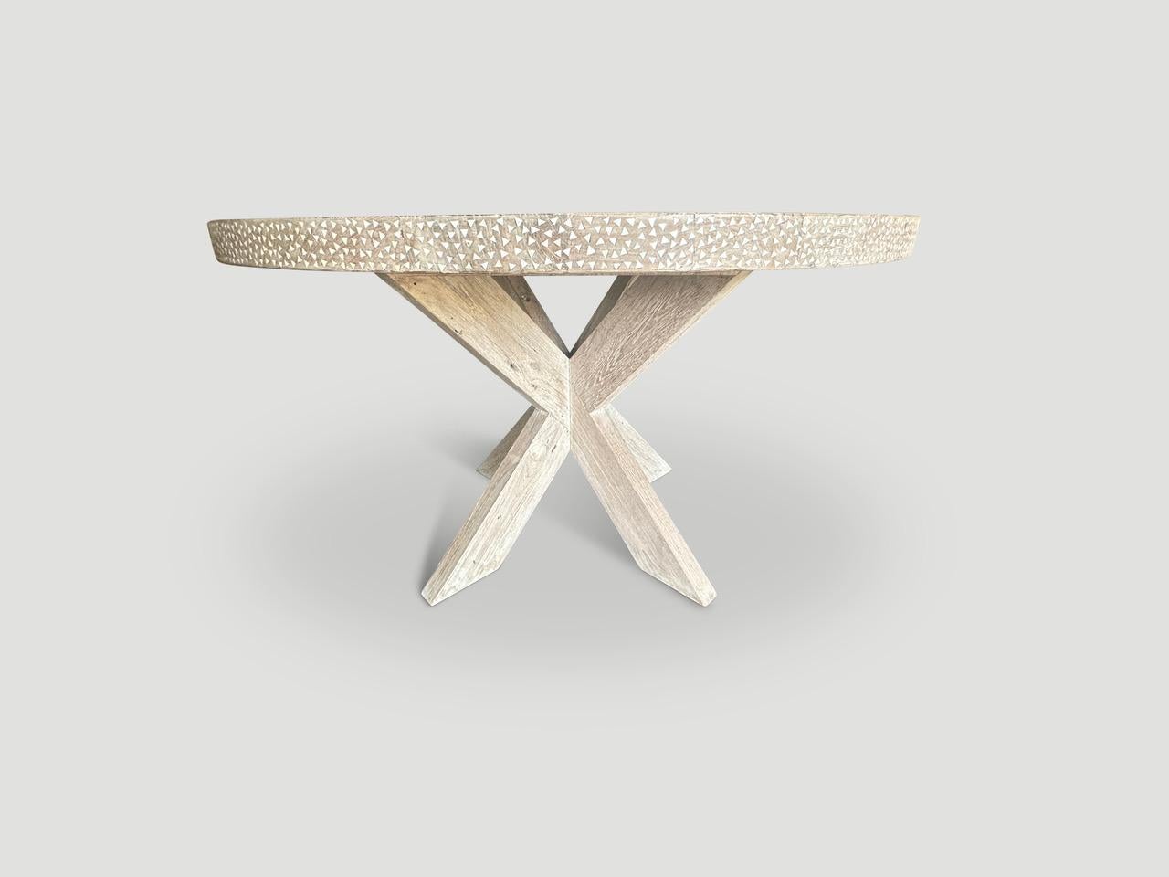 Andrianna Shamaris Round Shell Inlaid Teak Wood Table For Sale 2