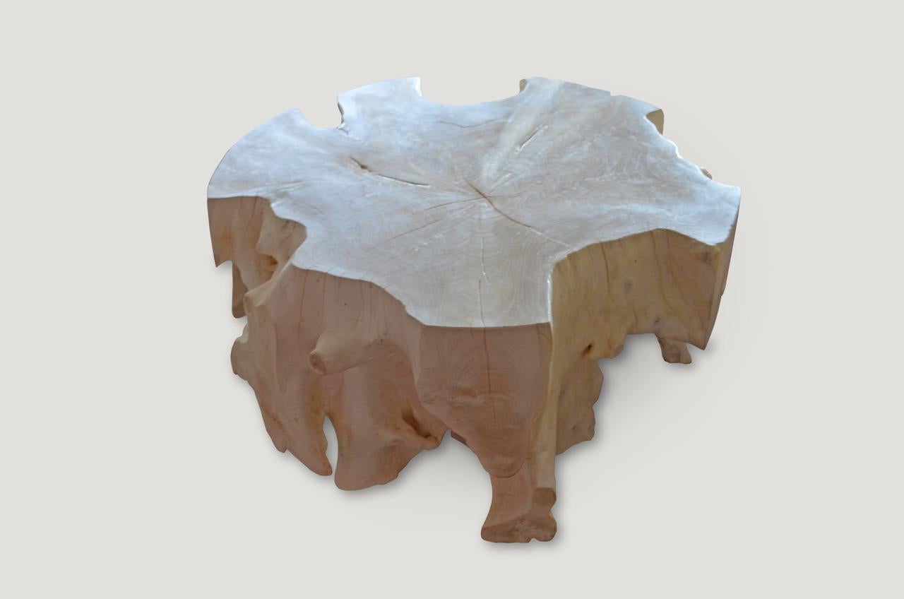 Impressive single root coffee table, hand carved into this round shape. We have added a light shellack to the top and flat side sections for a contrast and for added protection. We have a pair. The price reflects one.

The St. Barts collection
