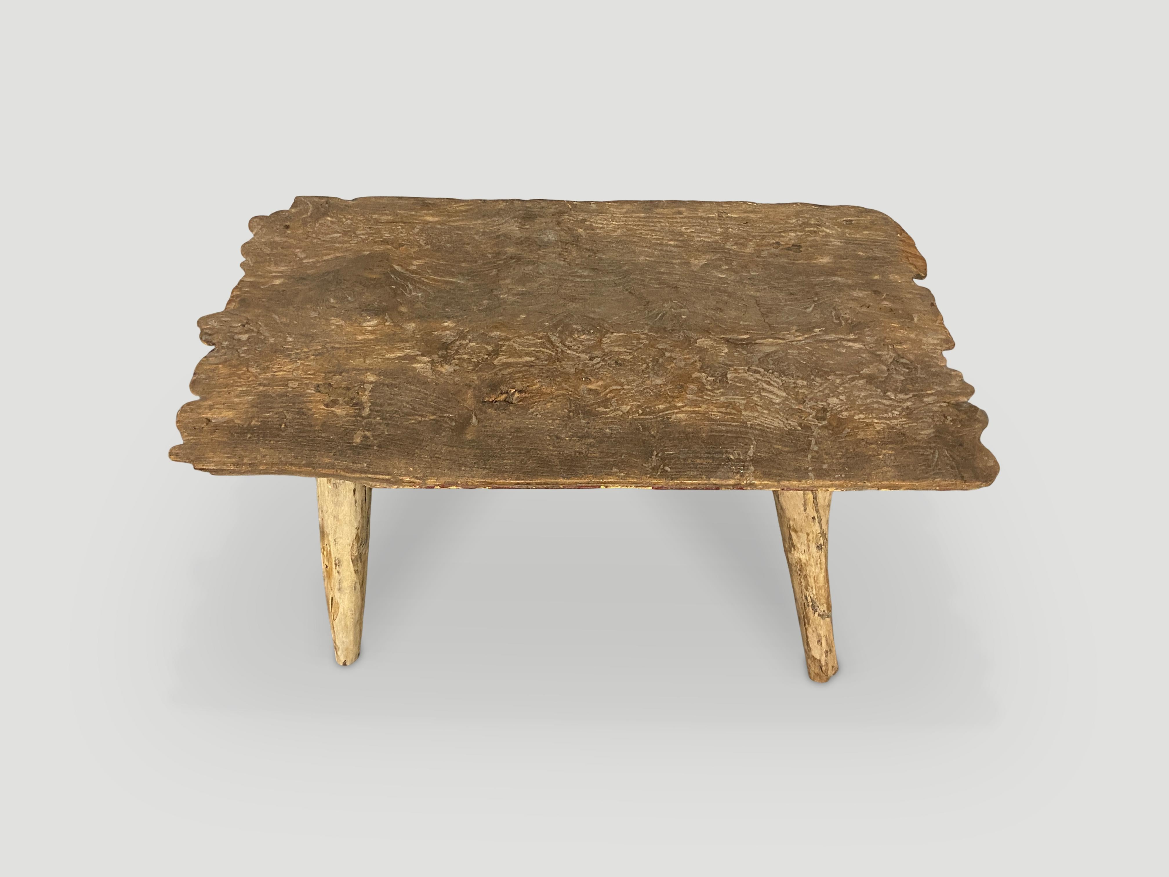 Reclaimed teak wood coffee table. This coffee table was made in the spirit of Wabi-Sabi, a Japanese philosophy that beauty can be found in imperfection and impermanence. It is a beauty of things modest and humble. A beauty of things