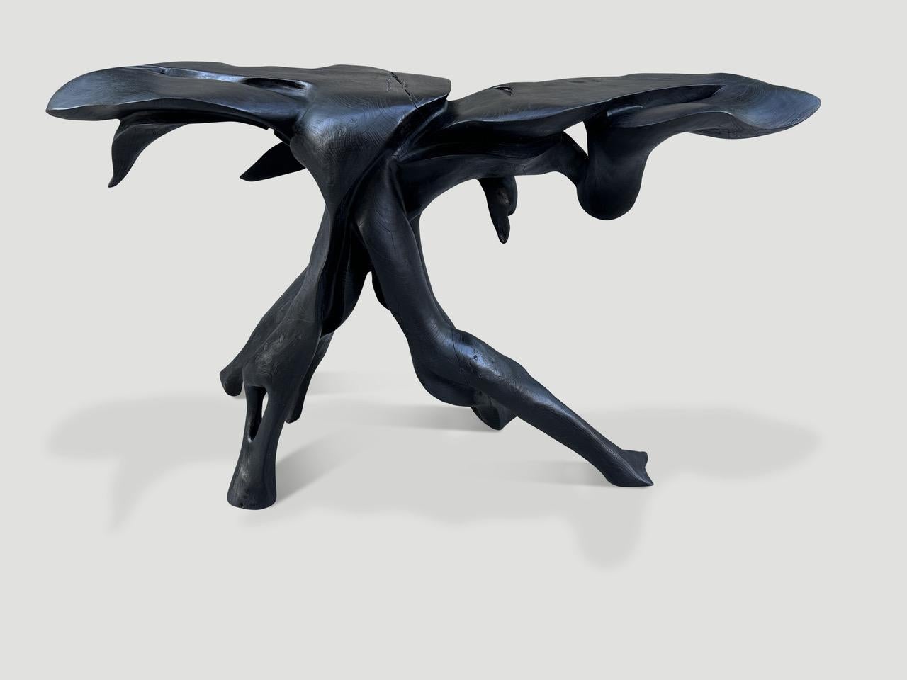Andrianna Shamaris Sculptural Charred Teak Wood Console Table For Sale