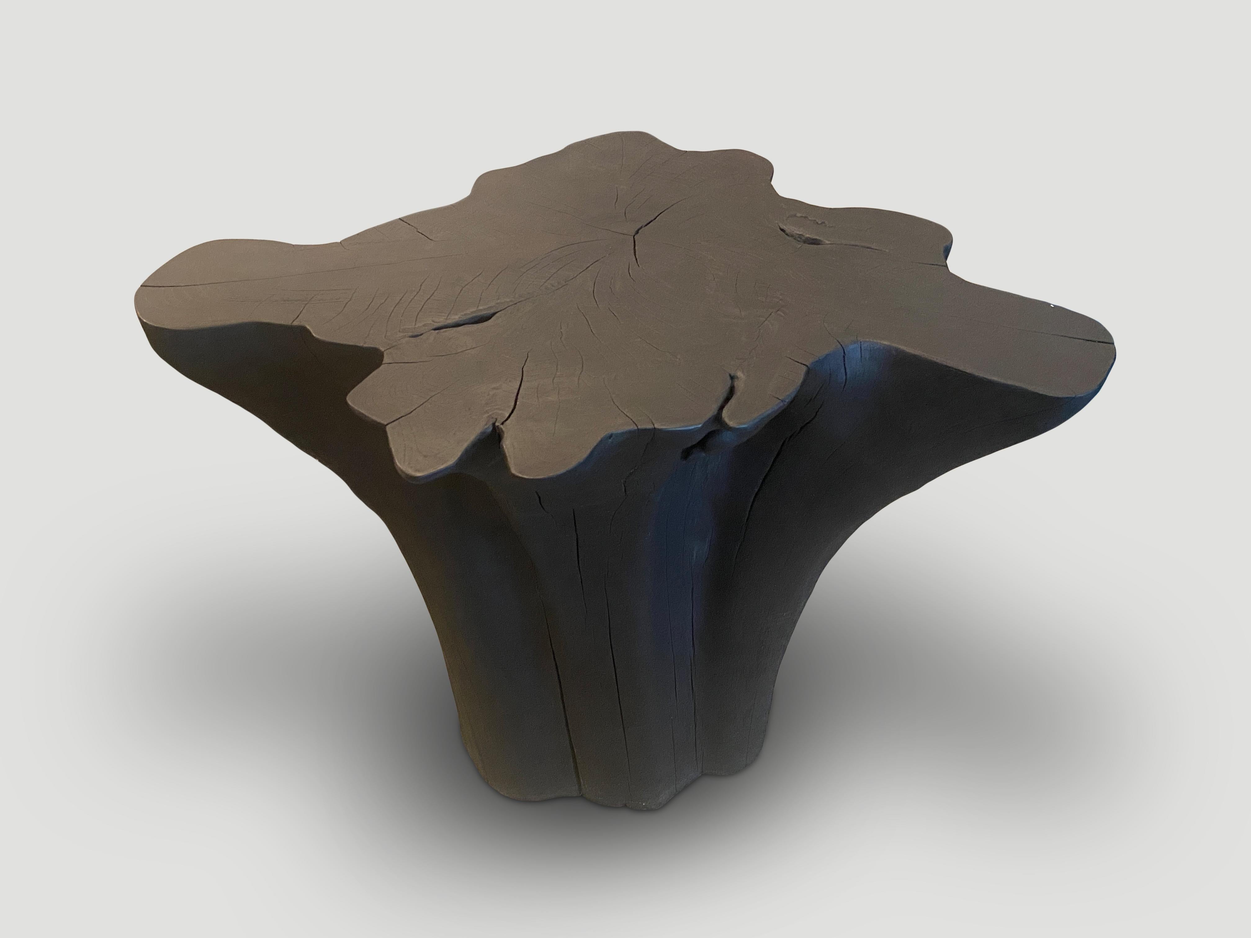 Organic Modern Andrianna Shamaris Sculptural Charred Teak Wood Side Table or Pedestal