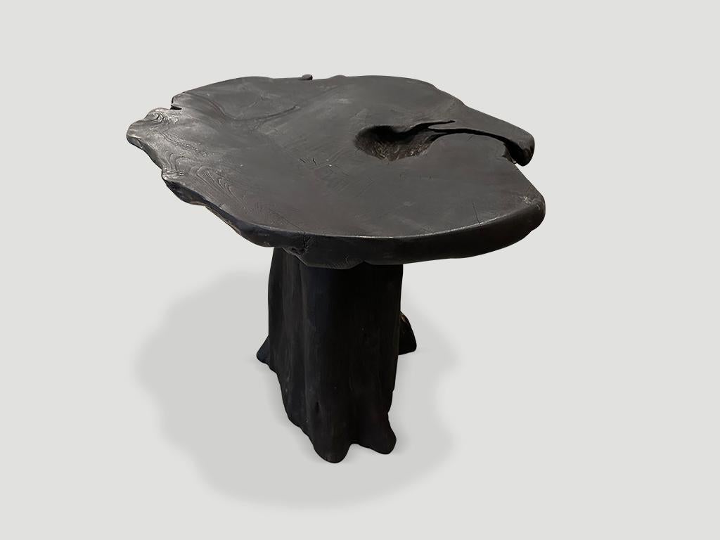 Organic Modern Andrianna Shamaris Sculptural Charred Teak Wood Side Table or Pedestal For Sale