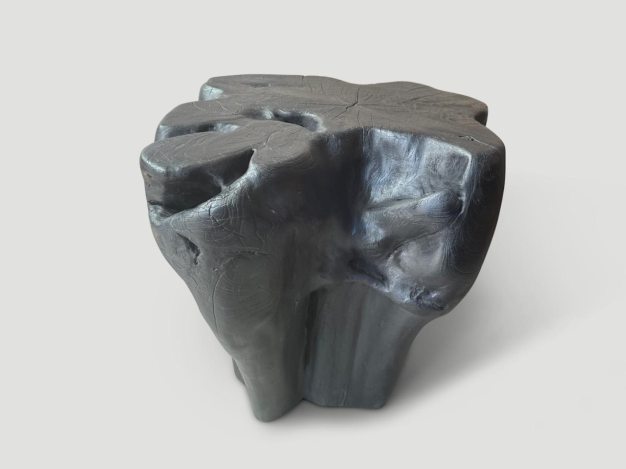 Organic Modern Andrianna Shamaris Sculptural Charred Teak Wood Side Table or Pedestal