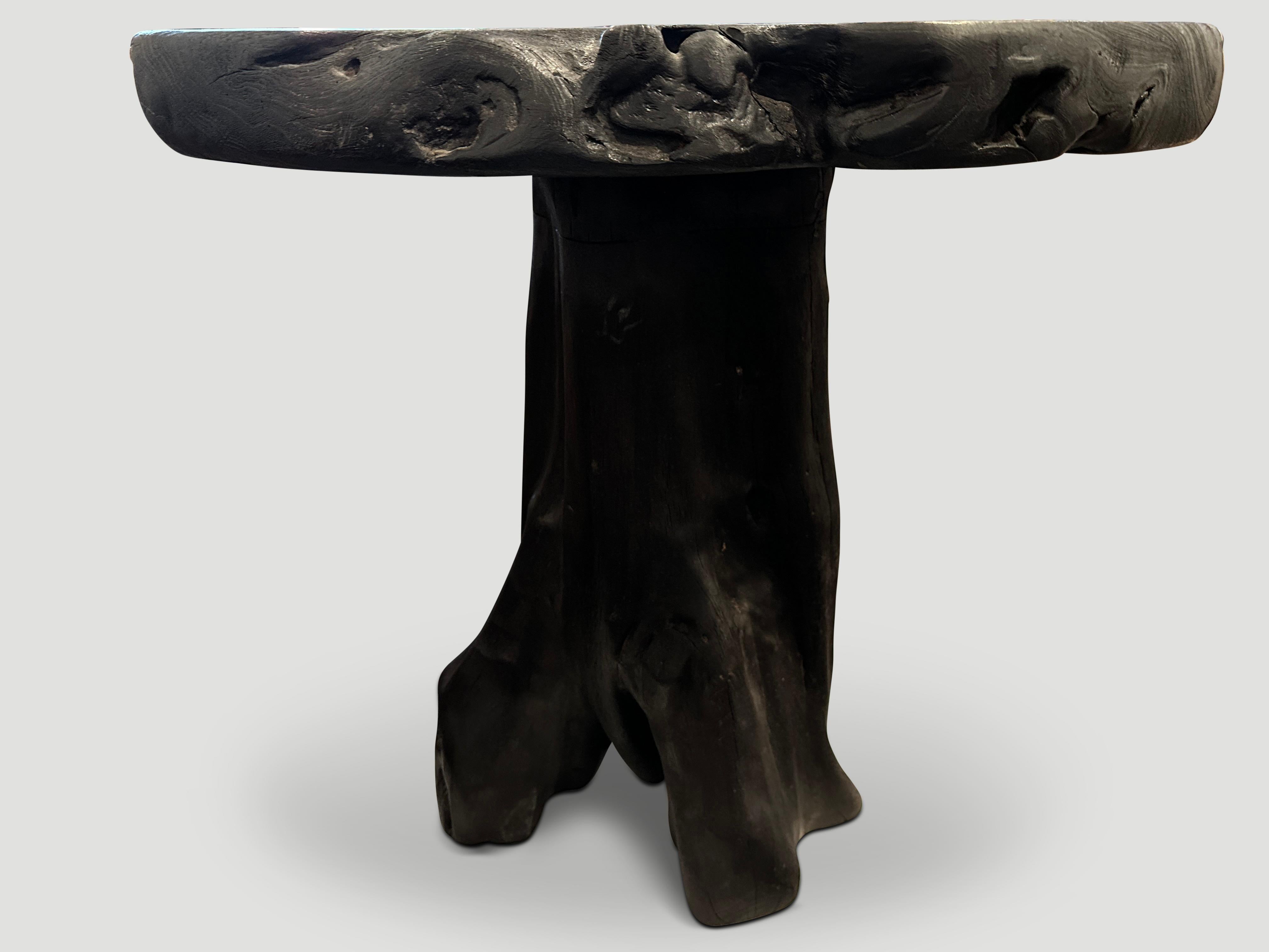 Andrianna Shamaris Sculptural Charred Teak Wood Side Table or Pedestal In Excellent Condition For Sale In New York, NY