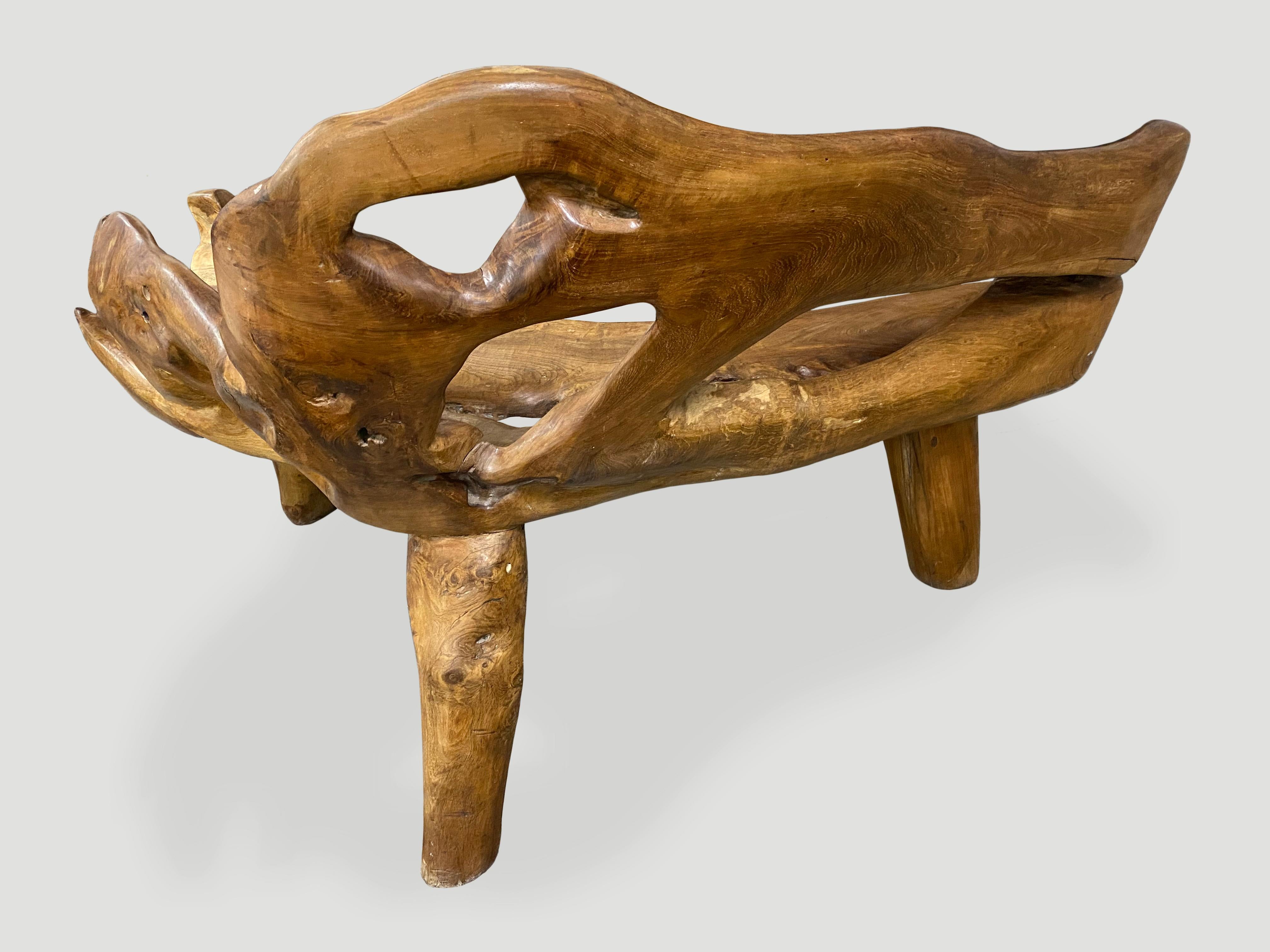 Andrianna Shamaris Sculptural Organic Teak Wood Bench For Sale 1