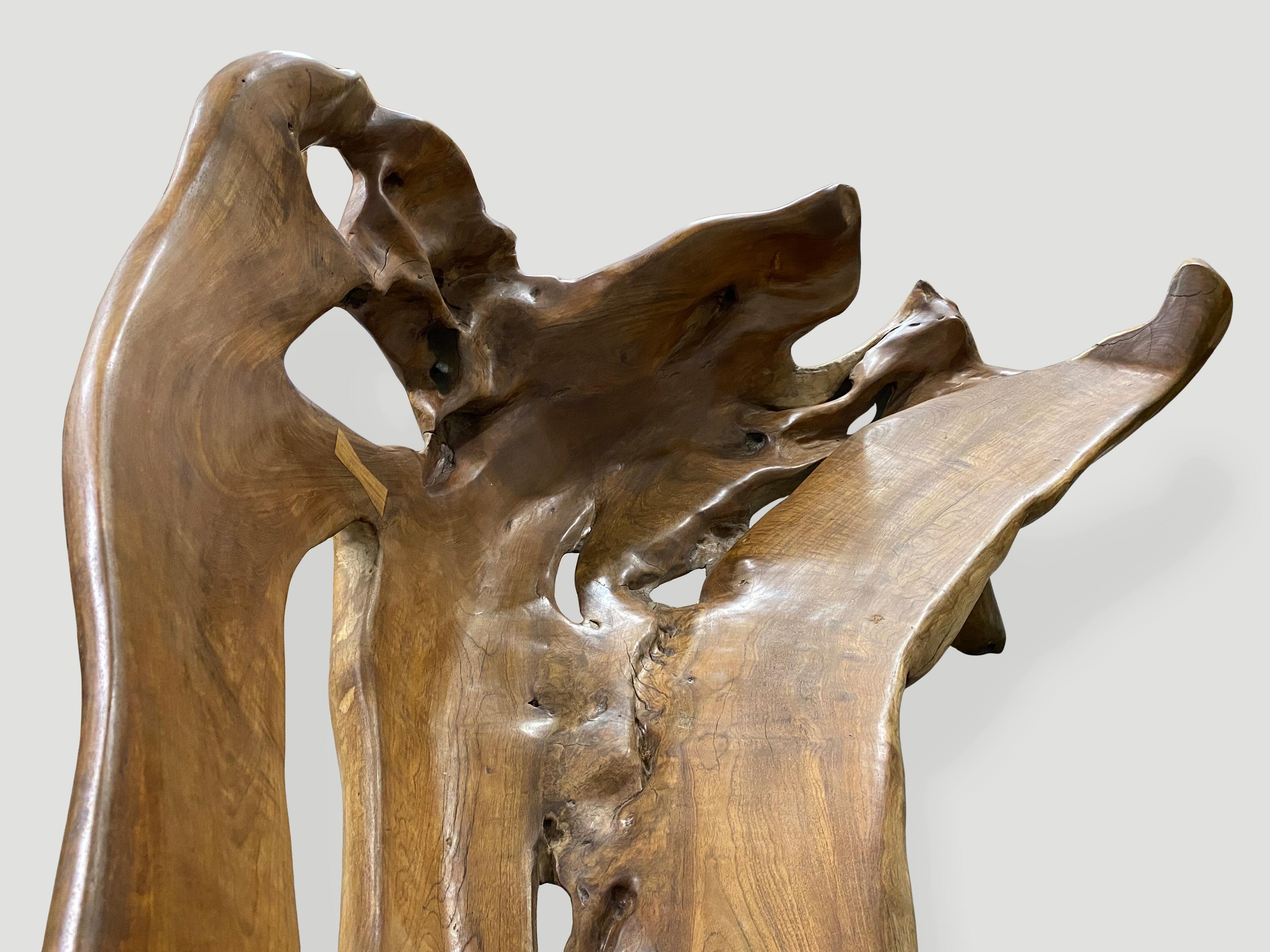 Andrianna Shamaris Sculptural Organic Teak Wood Bench For Sale 2