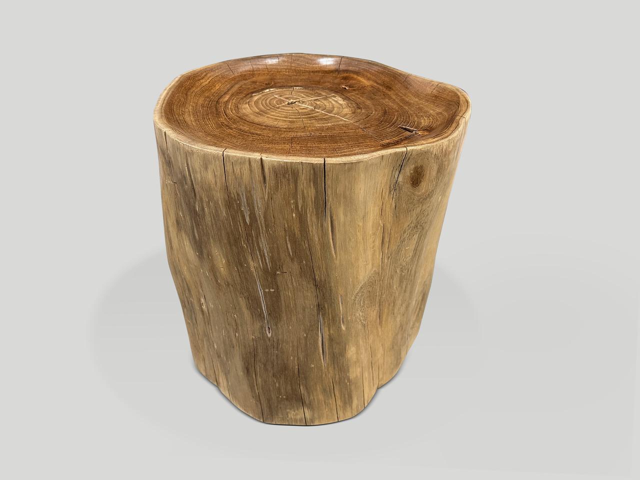 Natural organic formed reclaimed teak root side table. We hand carved the top section into a tray style and polished the aged teak with a natural oil revealing the beautiful wood grain. Both usable and sculptural. We have a collection. All unique.
