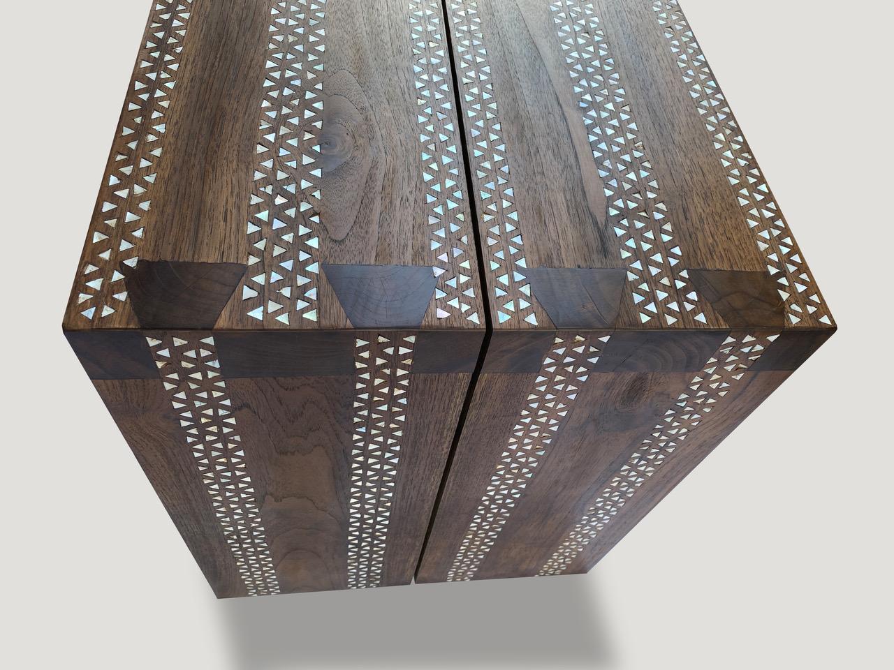 Organic Modern Andrianna Shamaris Shell Inlaid Teak Wood Console Table For Sale