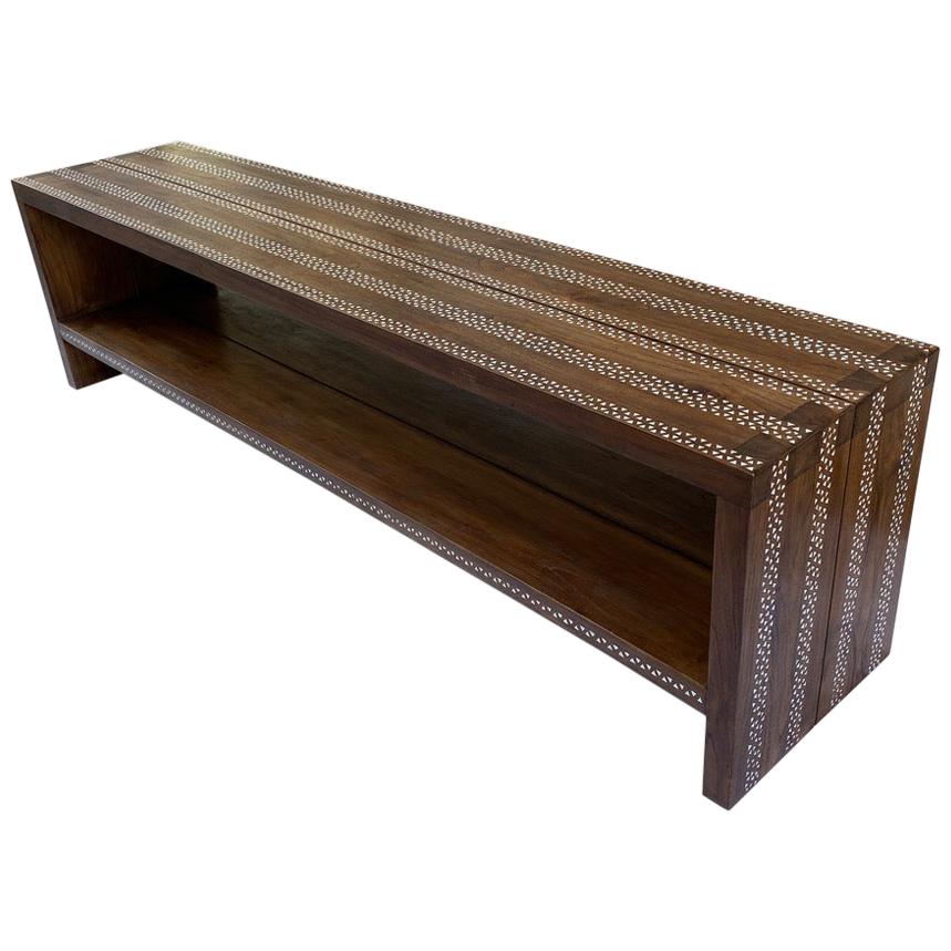 Andrianna Shamaris Shell Inlaid Teak Wood Console Table For Sale