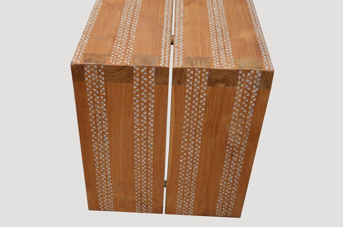 Organic Modern Andrianna Shamaris Shell Inlay and Teak Wood Bench For Sale