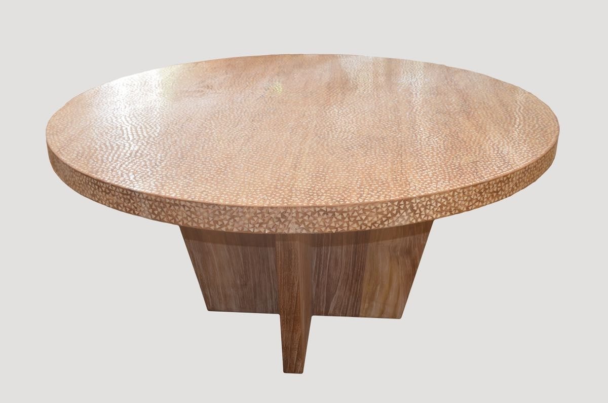 Organic Modern Andrianna Shamaris Impressive Shell Inlay Teak Wood Dining Table For Sale