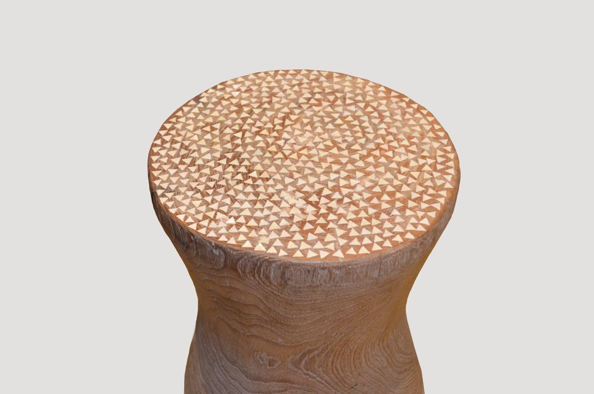 Andrianna Shamaris Shell Inlay Teak Wood Side Table In Excellent Condition In New York, NY