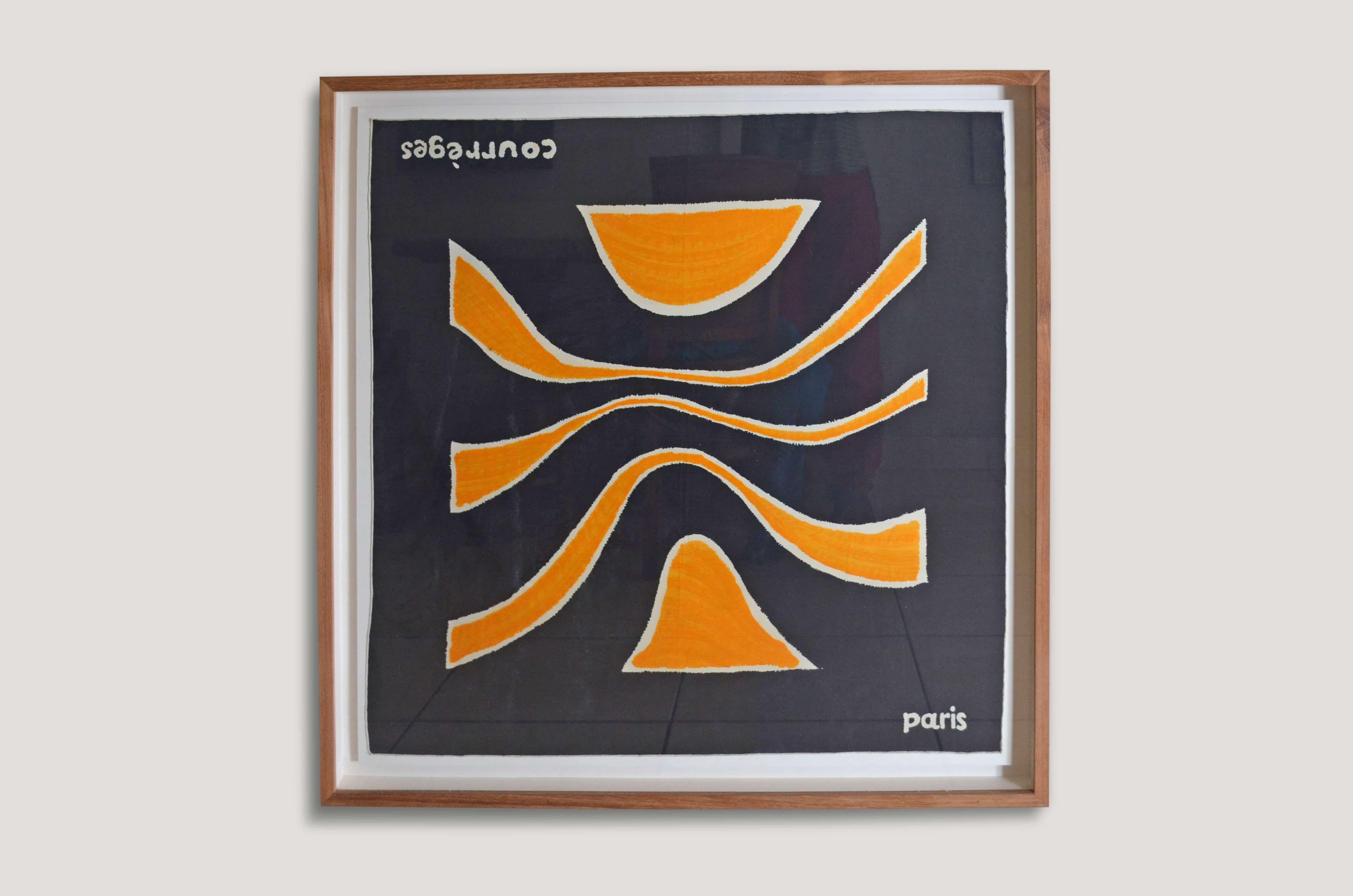 Rare, vintage silk Courrèges scarf from Paris in excellent condition. Set in a modern natural teak frame.

Measures: 37